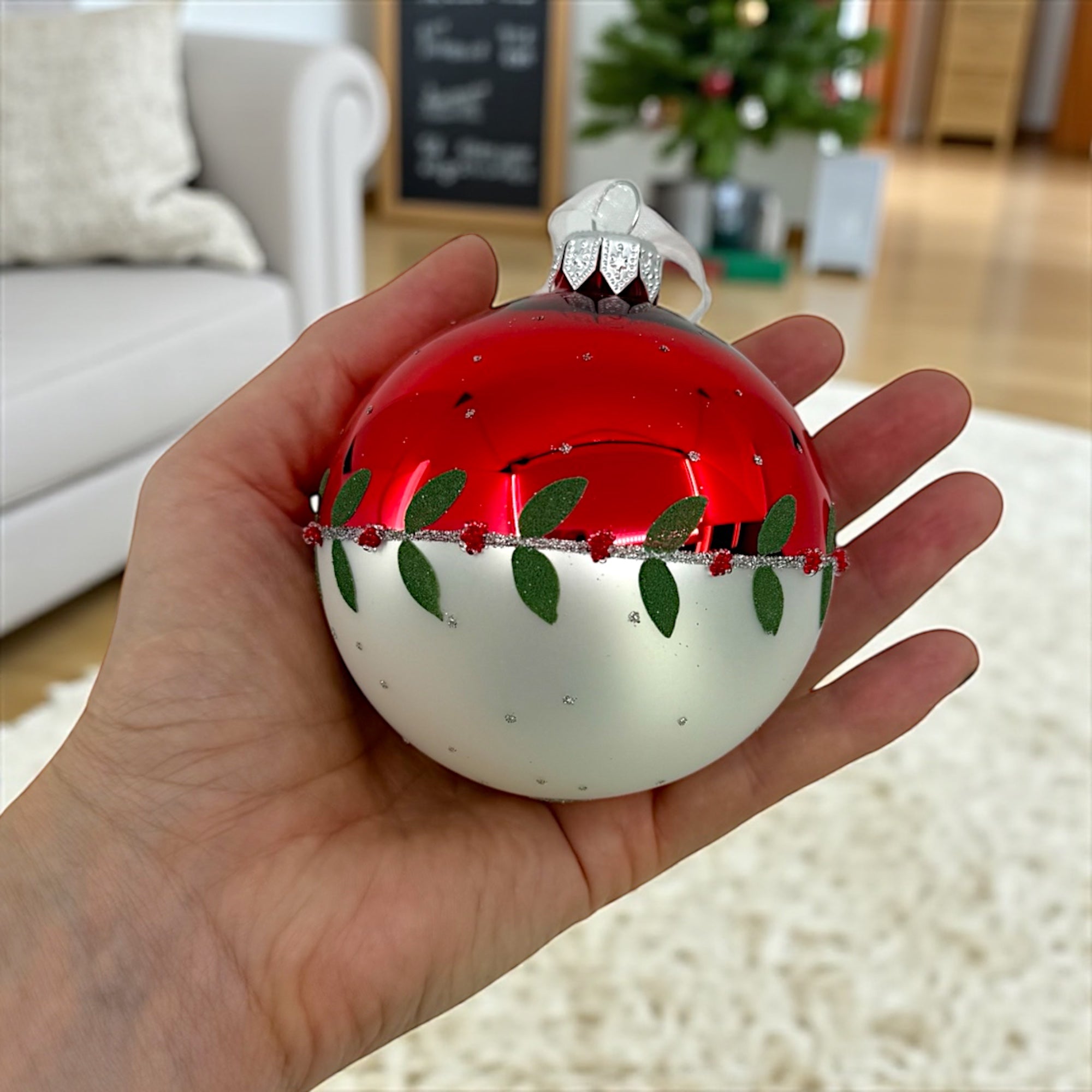 Holly Leaves with Berries Blown Glass Ornament - European Mouth-Blown Ball Holiday Christmas Tree Decoration, Red and White