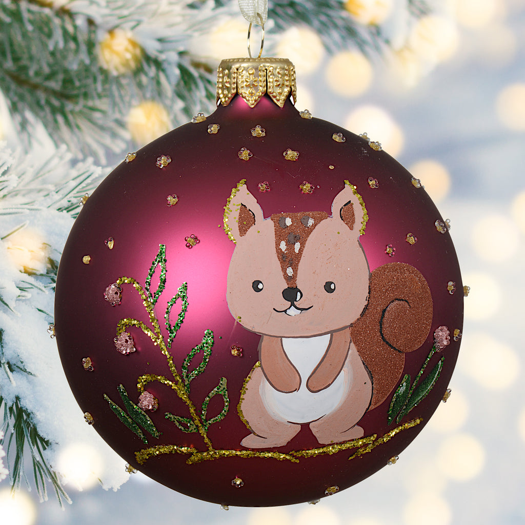 Baby Animals Blown Glass Ornaments – European Mouth-Blown Hand Painted Glass Balls Set of 6 - Deer, Squirrel, Bear, Chipmunk, Owl, and Fox