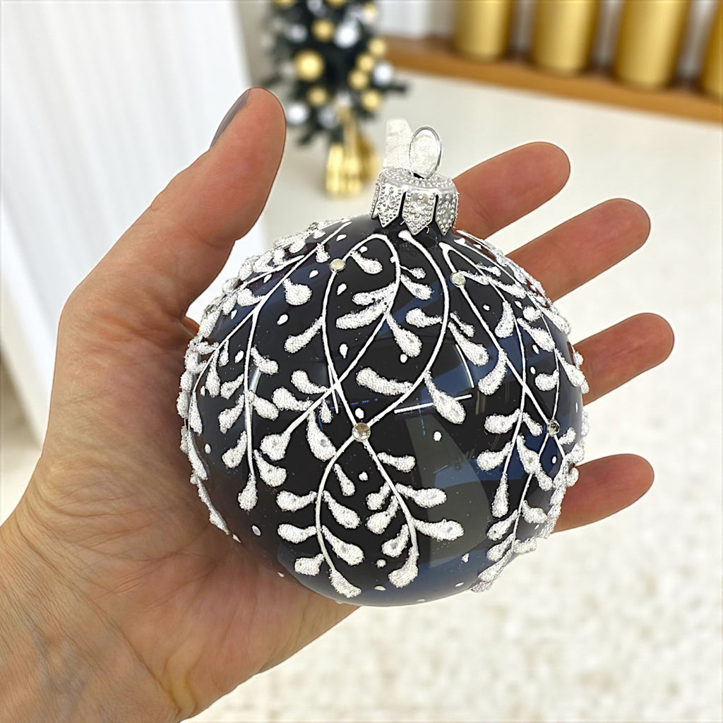 Blue Leaf Design Glass Ornament - European Mouth Blown Ball Holiday Christmas Tree Decoration