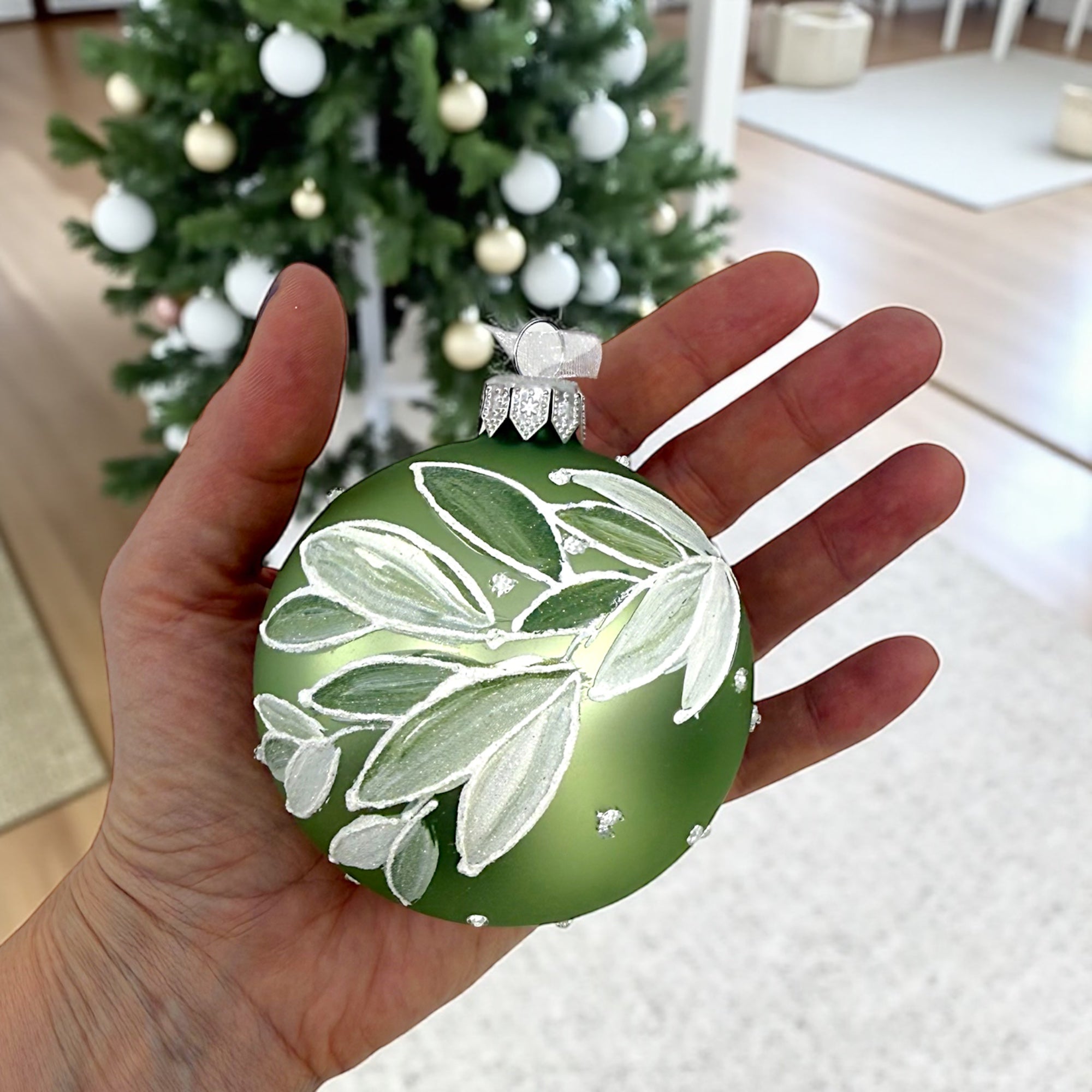 Eucalyptus Blown Glass Ornament - European Mouth-Blown Ball Holiday Christmas Tree Decoration, Sage Green
