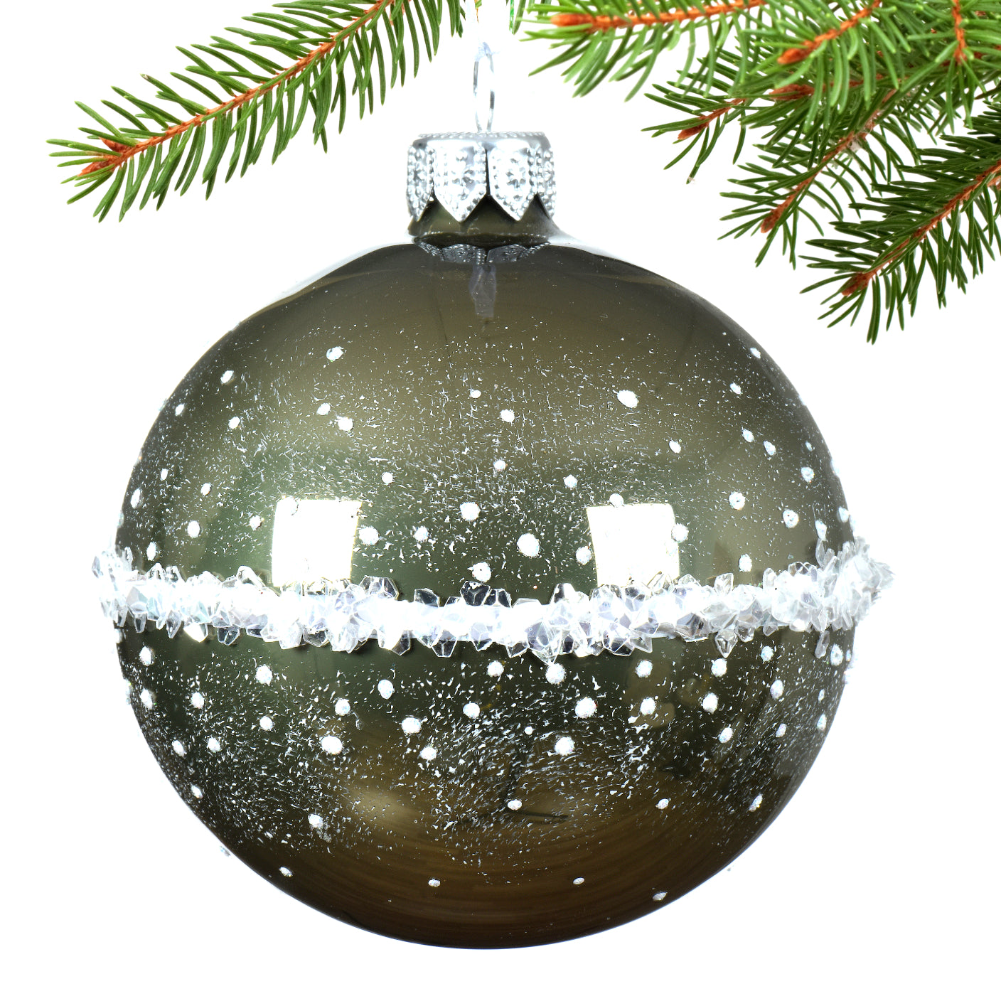 Coastal Snow on The Beach Blown Glass Ornaments - Set of 3 Blue, Green, and Silver Glass Balls