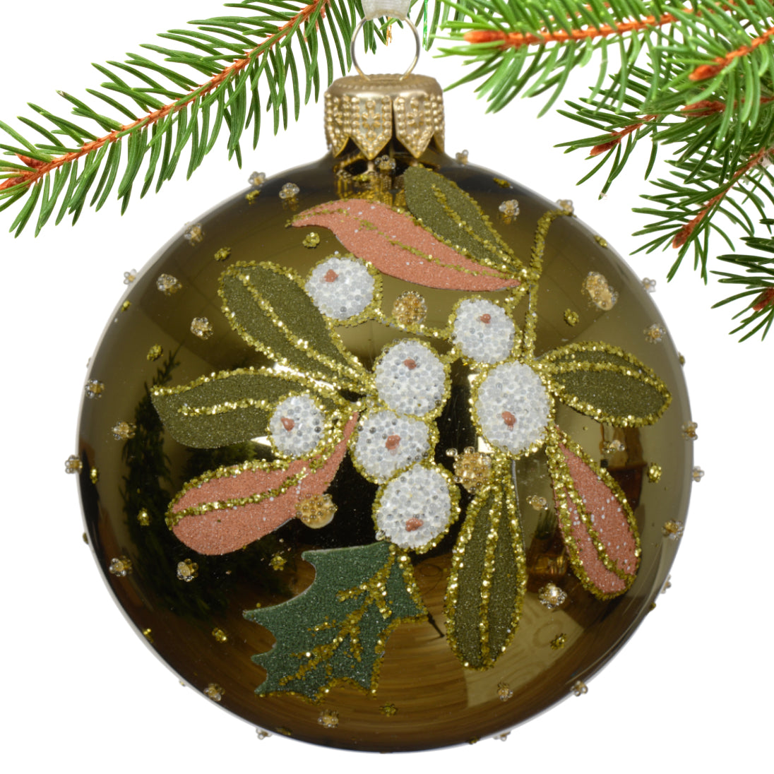 Mistletoe Blown Glass Ornaments – European Mouth-Blown Glass Balls Set of 3 Forest Green, White and Olive Green