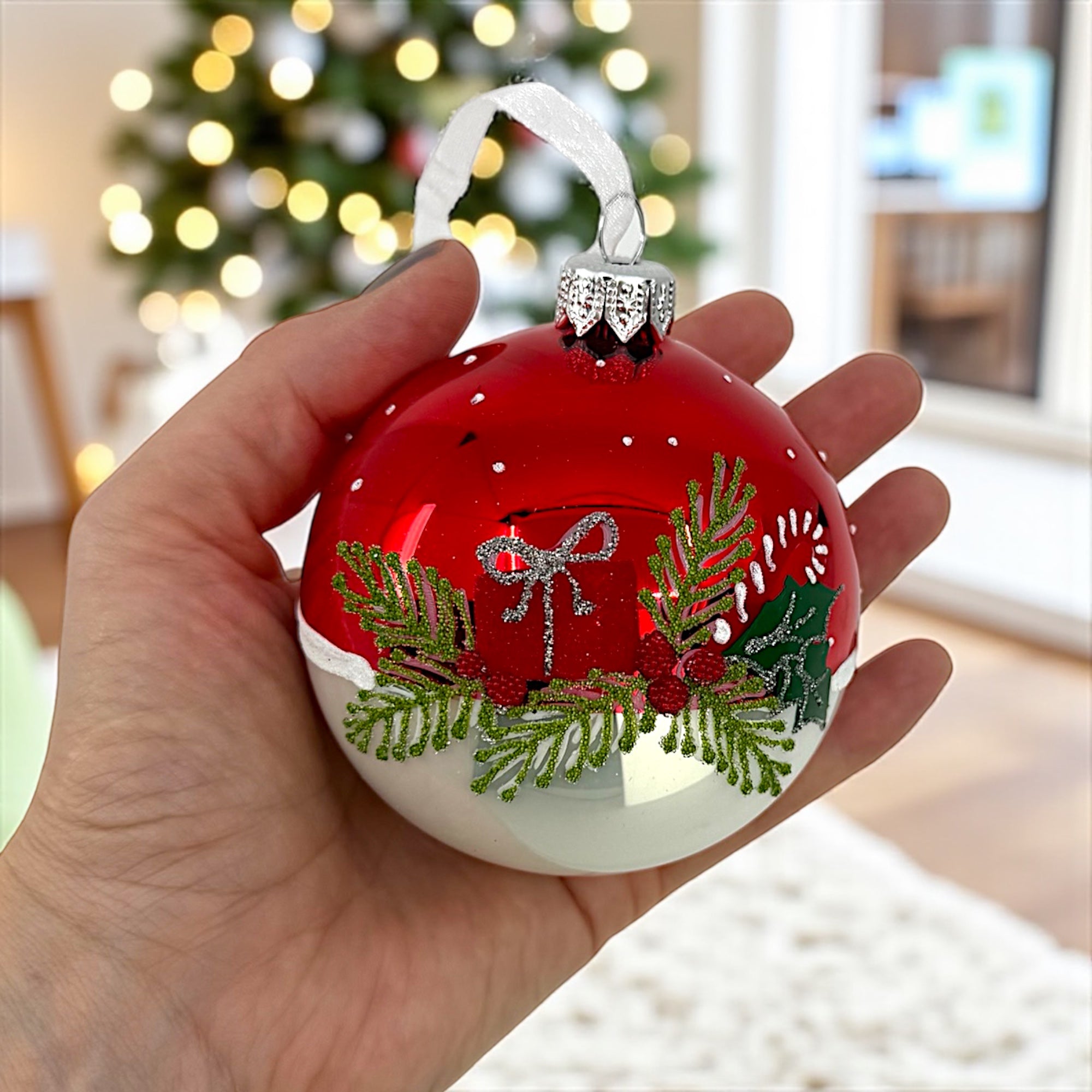 Pine Sprigs and Presents Blown Glass Ornaments – Set of 2 European Ball Bauble Holiday Christmas Tree Decoration, Red, White