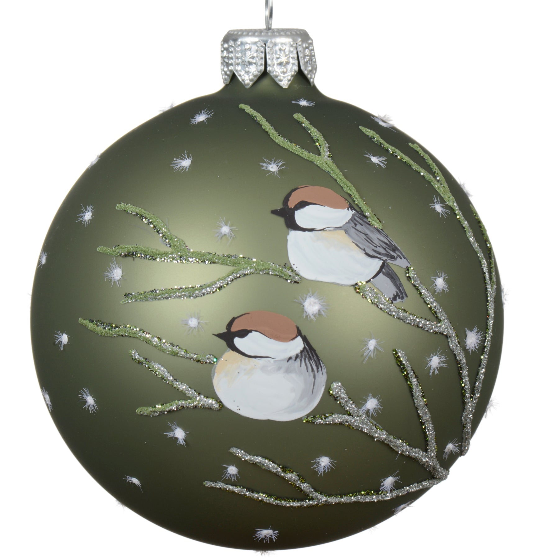 Chickadee Blown Glass Ornament – Green European Mouth Blown Hand Painted Glass Ball Holiday Christmas Tree Decoration