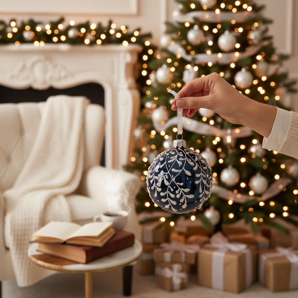 Blue Leaf Design Glass Ornament - European Mouth Blown Ball Holiday Christmas Tree Decoration