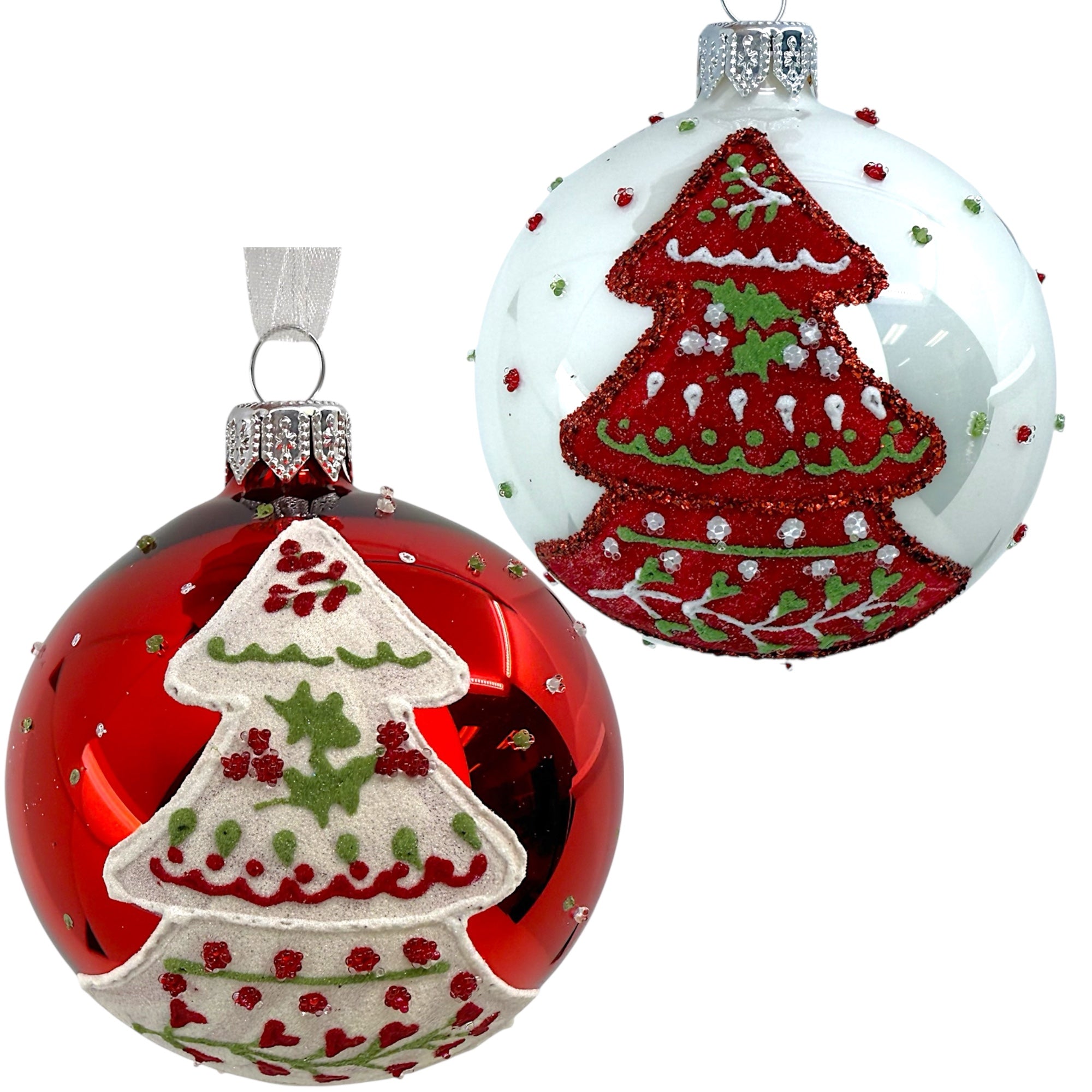 Folk Art Blown Glass Ornaments – Set of 2 European Bauble Ball Holiday Christmas Tree Decoration, Red and White