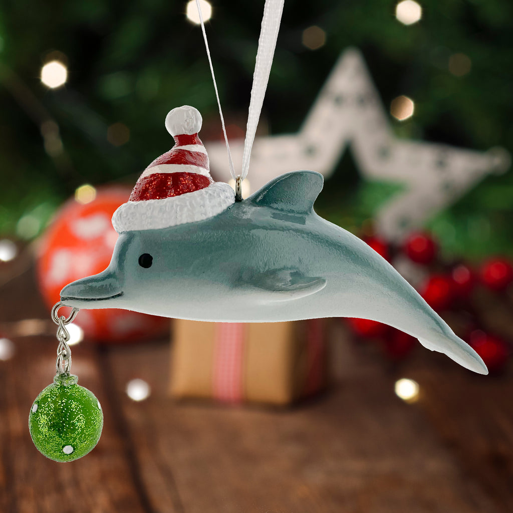 Whale Dolphin Ornaments - Coastal Beach Santa Hat Holiday Marine Animal Holiday Tree Decorations, Set of 2