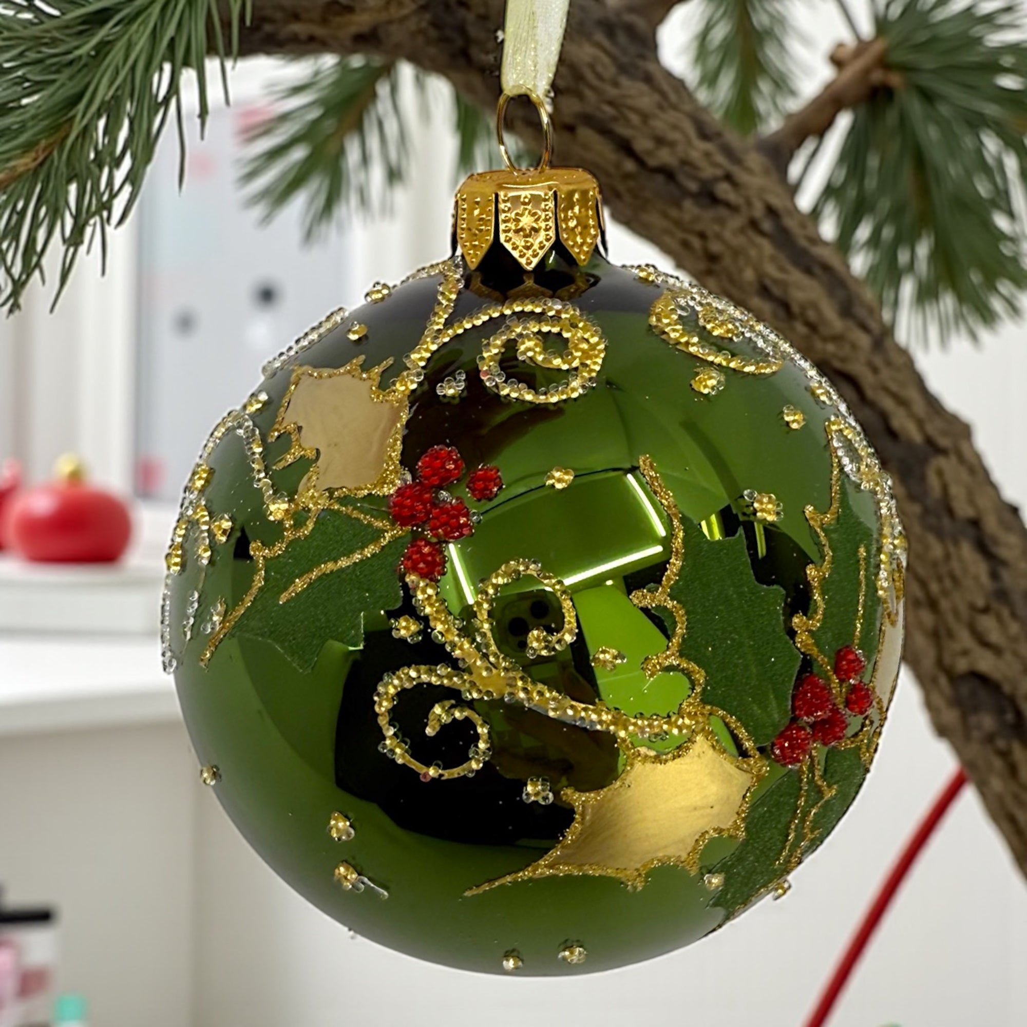 Holly Leaves and Berries Ornament - European Mouth-Blown Glass Ball Holiday Christmas Tree Decoration, Green