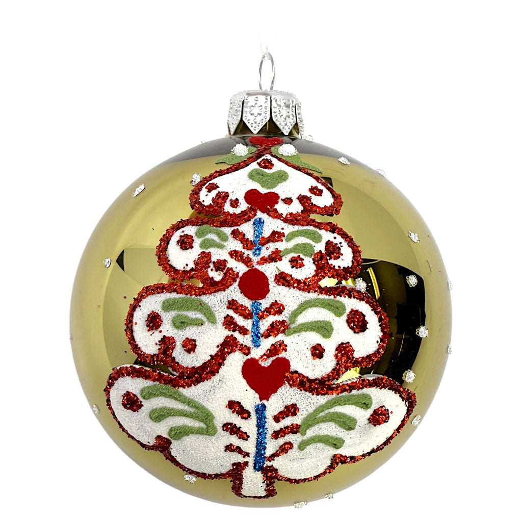 Folk Art Tree Glass Ornaments – Set of 2 European Mouth-Blown Bauble Ball Holiday Christmas Decoration, Gold, Blue