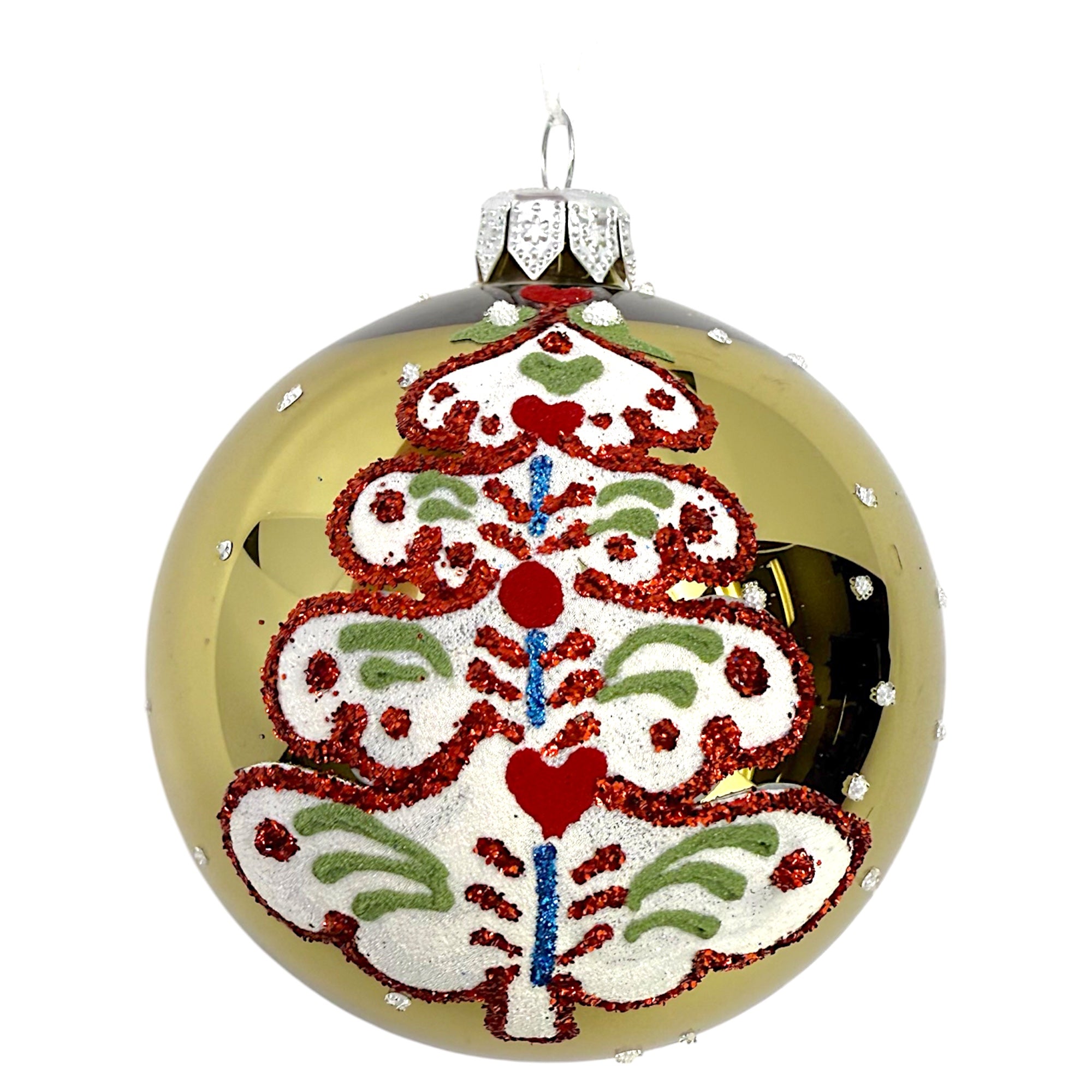 Folk Art Tree Glass Ornaments – Set of 2 European Mouth-Blown Bauble Ball Holiday Christmas Decoration, Gold, Blue