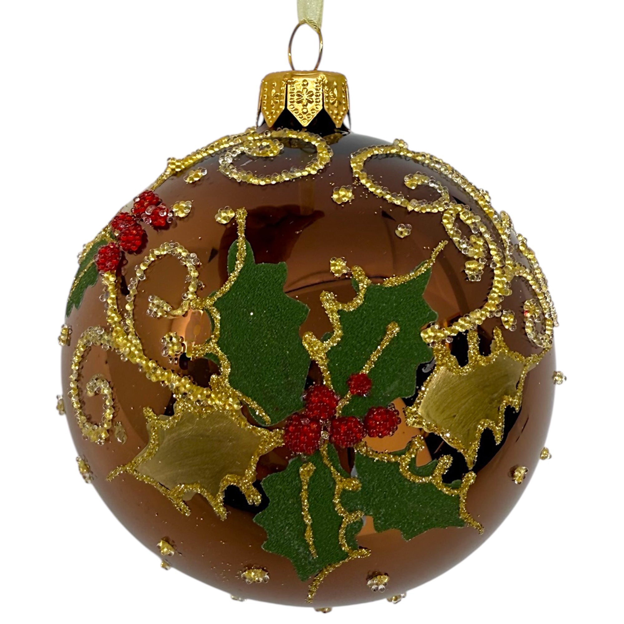 Holly Leaves and Berries Ornament - European Mouth-Blown Glass Ball Holiday Christmas Tree Decoration, Brown