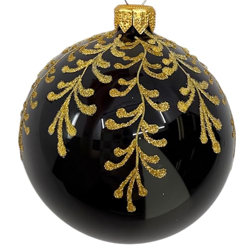 Black and Gold Blown Glass Ornament - European Mouth-Blown Bauble Holiday Christmas Tree Decoration, Leaf Design