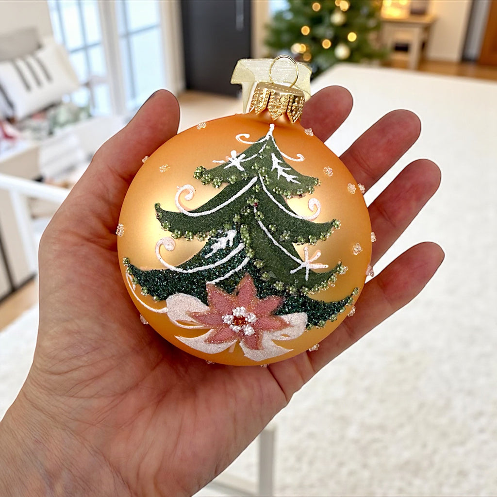 Pine Tree Blown Glass Ornaments - Set of 2 European Mouth-Blown Bauble Ball Holiday Christmas Tree Decorations, Green and Gold