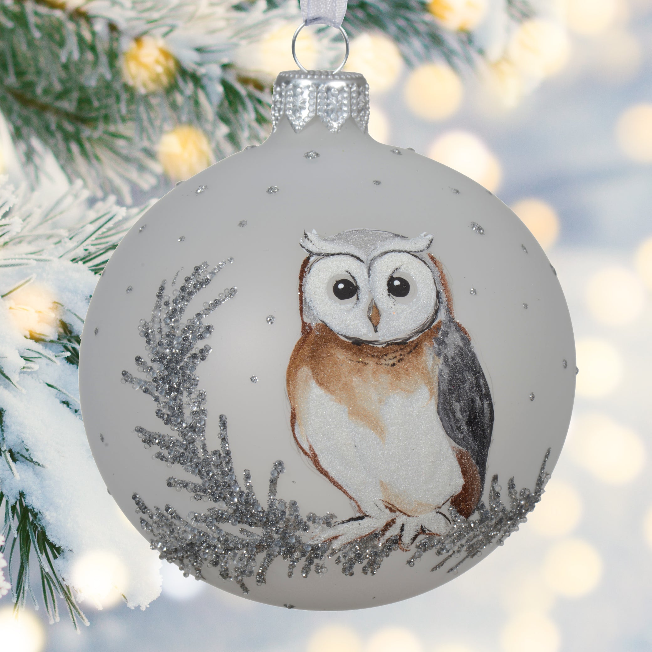 Owl Blown Glass Ornament – Hand Painted European Mouth-Blown White Glass Ball