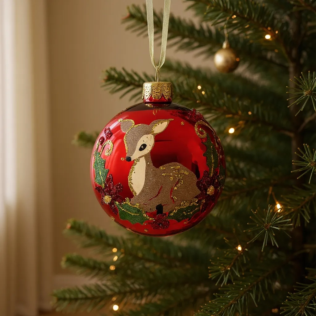 Fawn Holly and Berries Blown Glass Ornaments – Set of 2 European Mouth-Blown Baby Deer Ball Holiday Christmas Tree Decoration, Red and Green