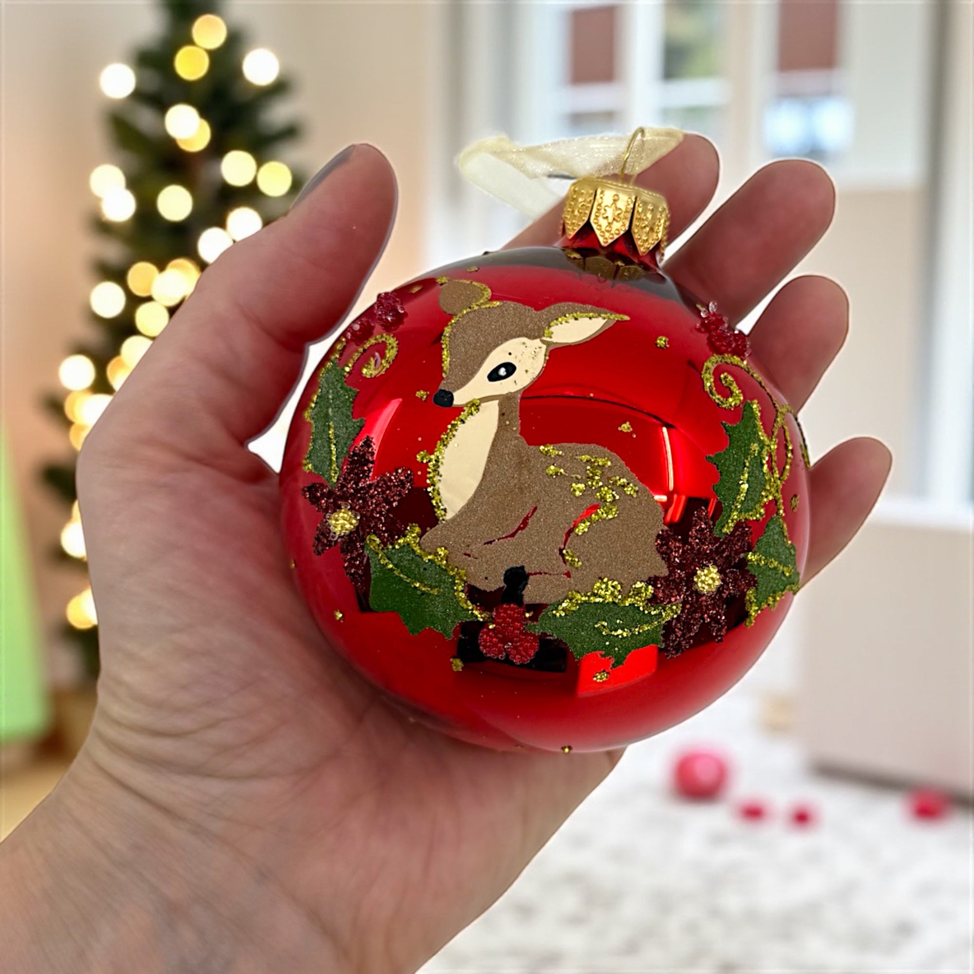 Fawn Holly and Berries Blown Glass Ornaments – Set of 2 European Mouth-Blown Baby Deer Ball Holiday Christmas Tree Decoration, Red and Green