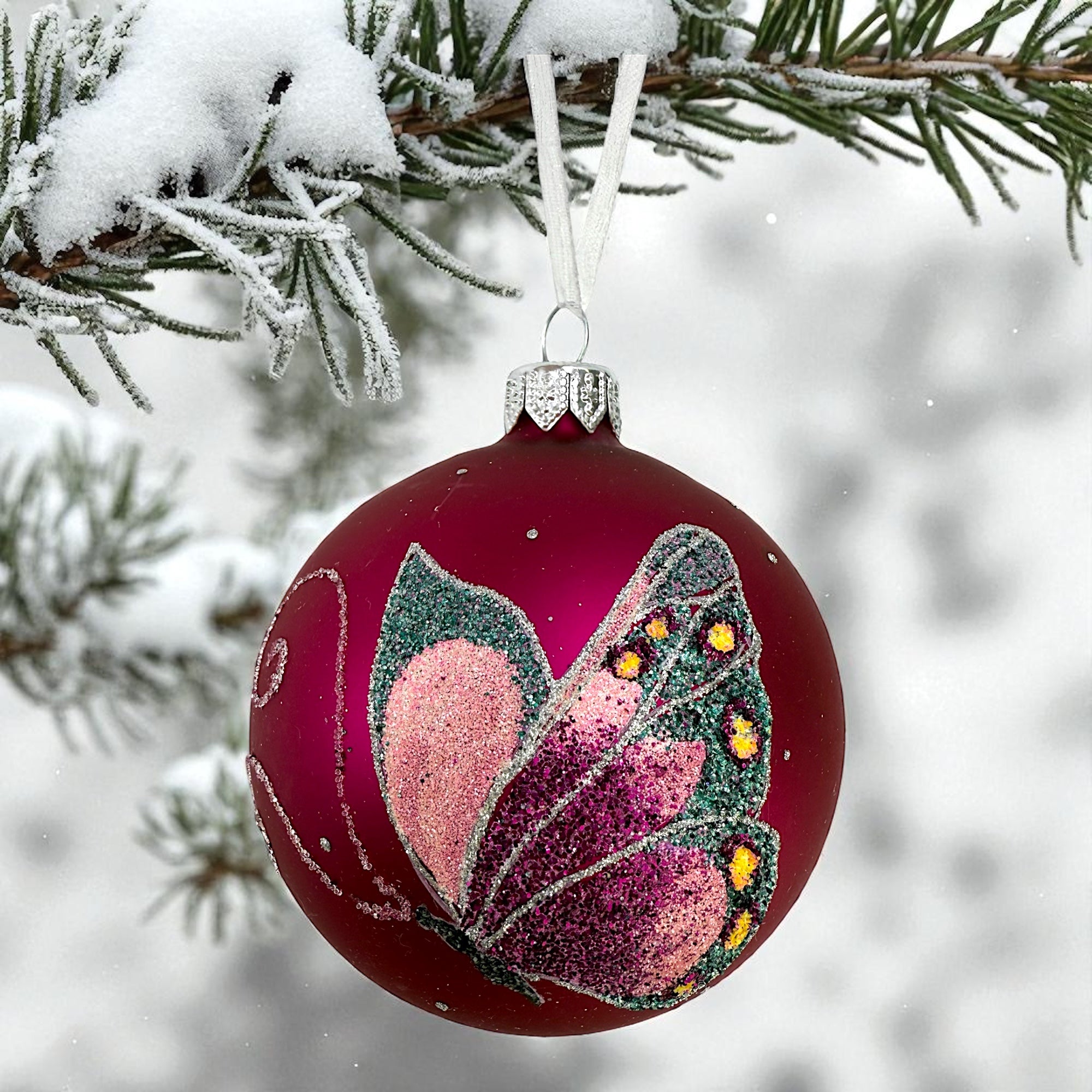 Butterfly Glass Ornaments- Set of 3 European Mouth-Blown Bauble Ball Holiday Christmas Tree Decoration, Green and Pink