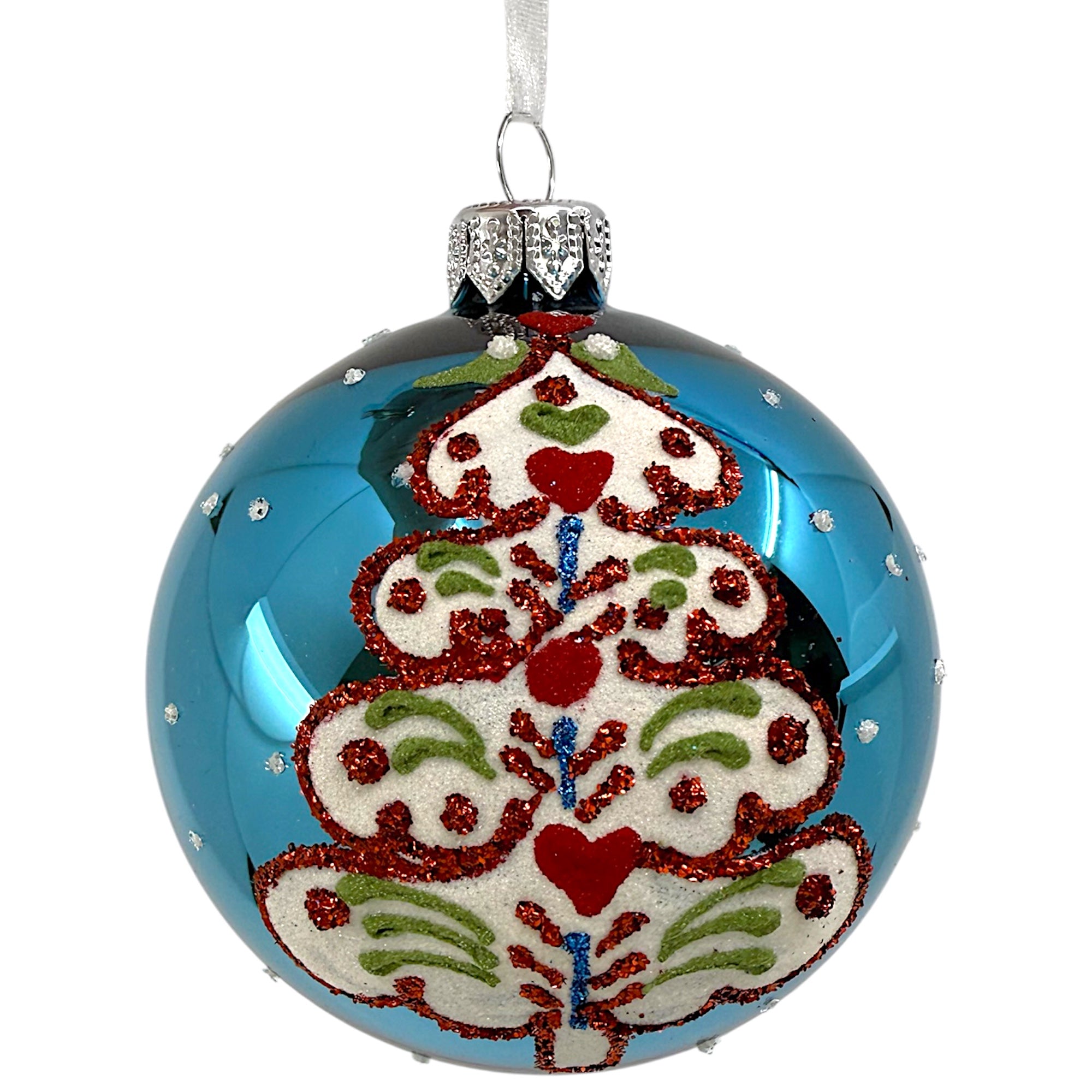 Folk Art Tree Glass Ornaments – Set of 2 European Mouth-Blown Bauble Ball Holiday Christmas Decoration, Gold, Blue