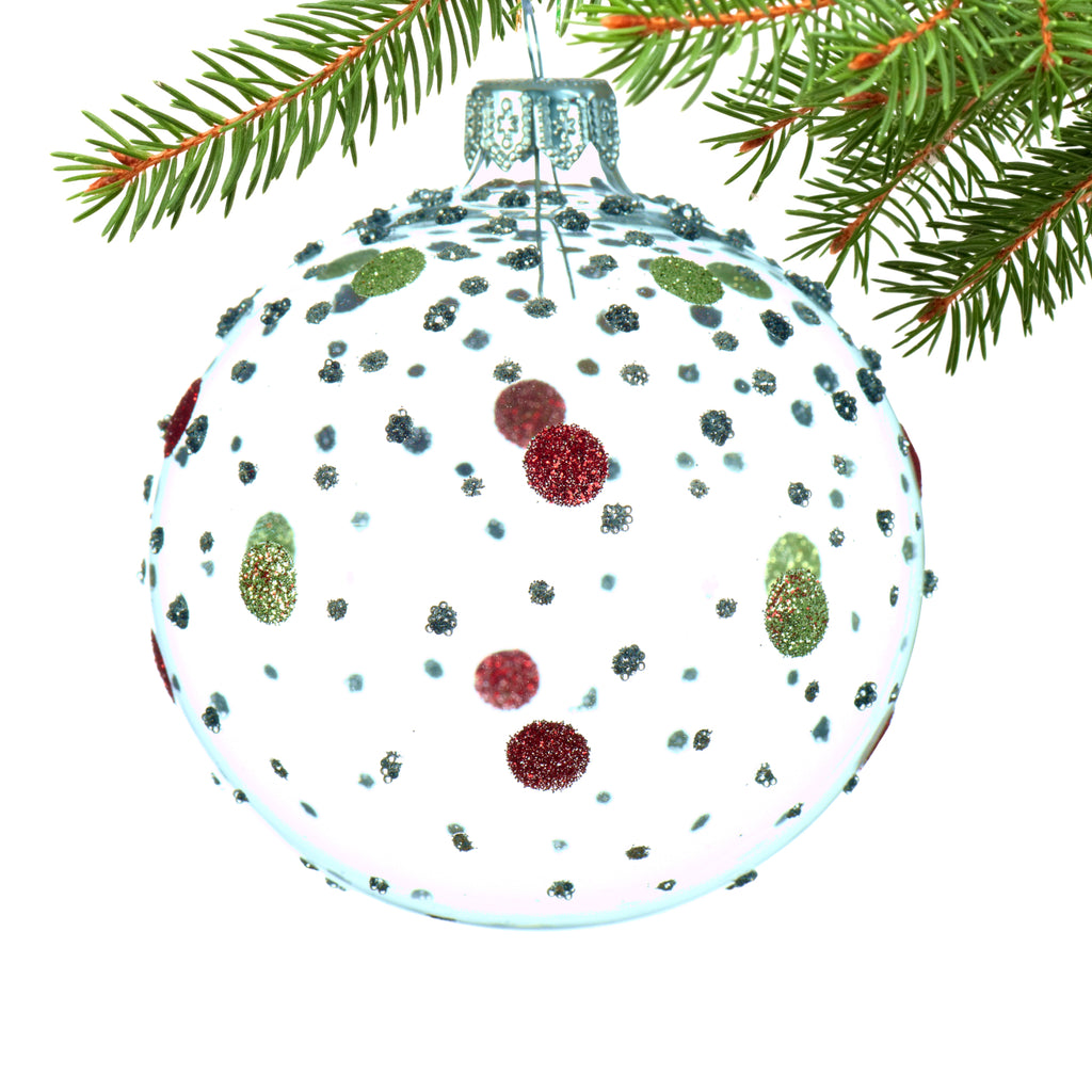 Transparent Glitter Dots Blown Glass Ornaments - Set of 3 Red, Green, and Clear