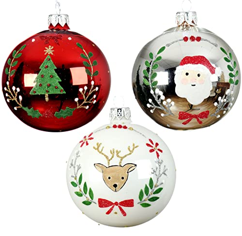 Blown Glass Ornaments - Set of 3 Santa, Reindeer, and Christmas Tree