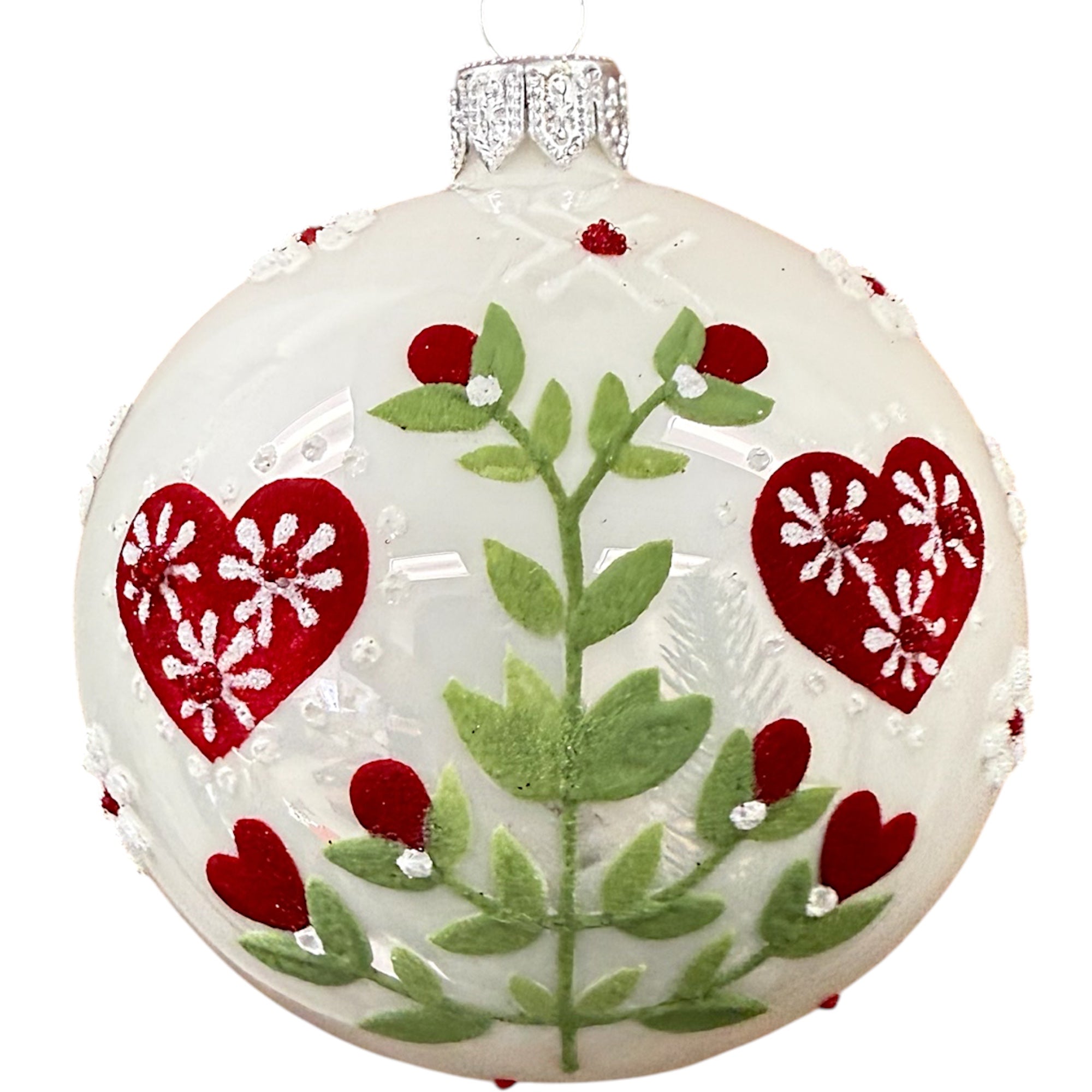 Heart Flowers Blown Glass Ornaments – Set of 2 European Mouth-Blown Folk Art Ball Holiday Christmas Tree Decoration, Red and White