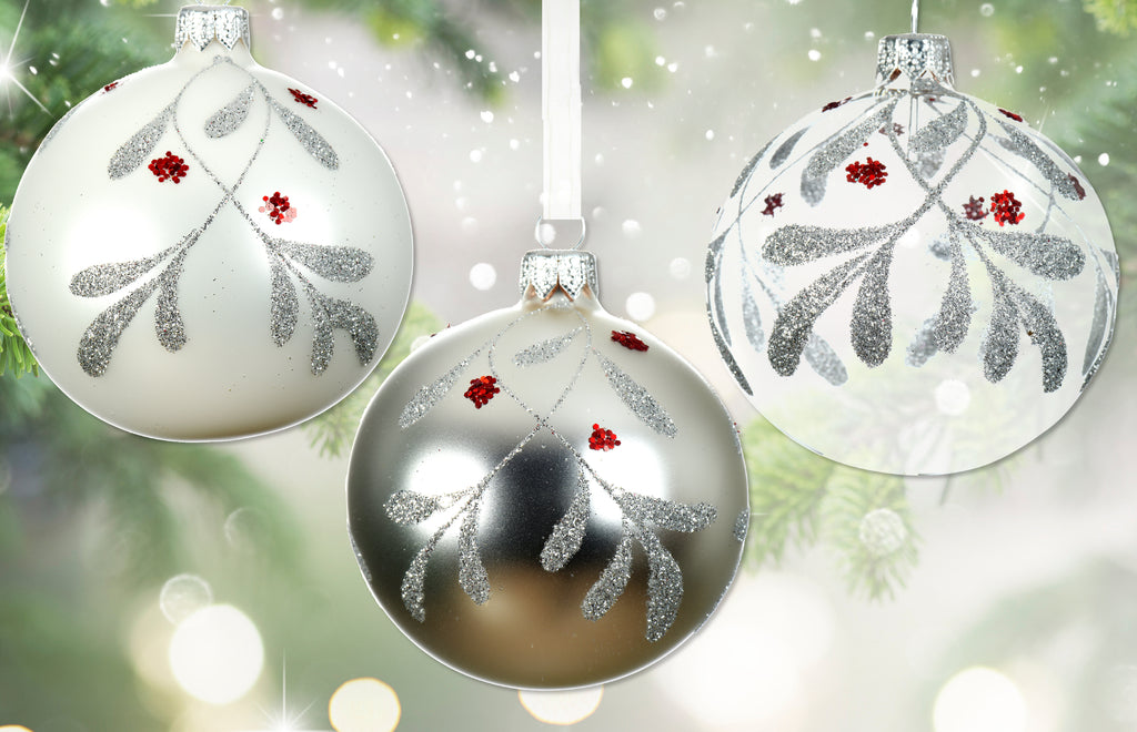 Silver and White Blown Glass Ornaments - Set of 3 Clear, White, and Silver Glass Balls