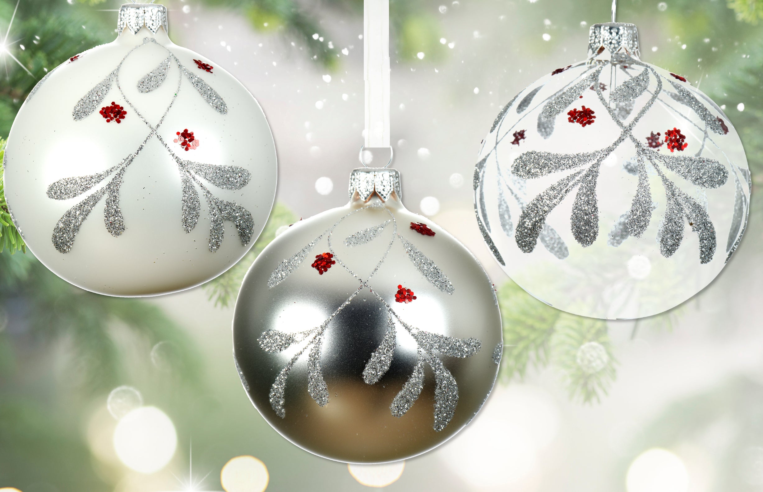 Silver and White Blown Glass Ornaments - Set of 3 Clear, White, and Silver Glass Balls