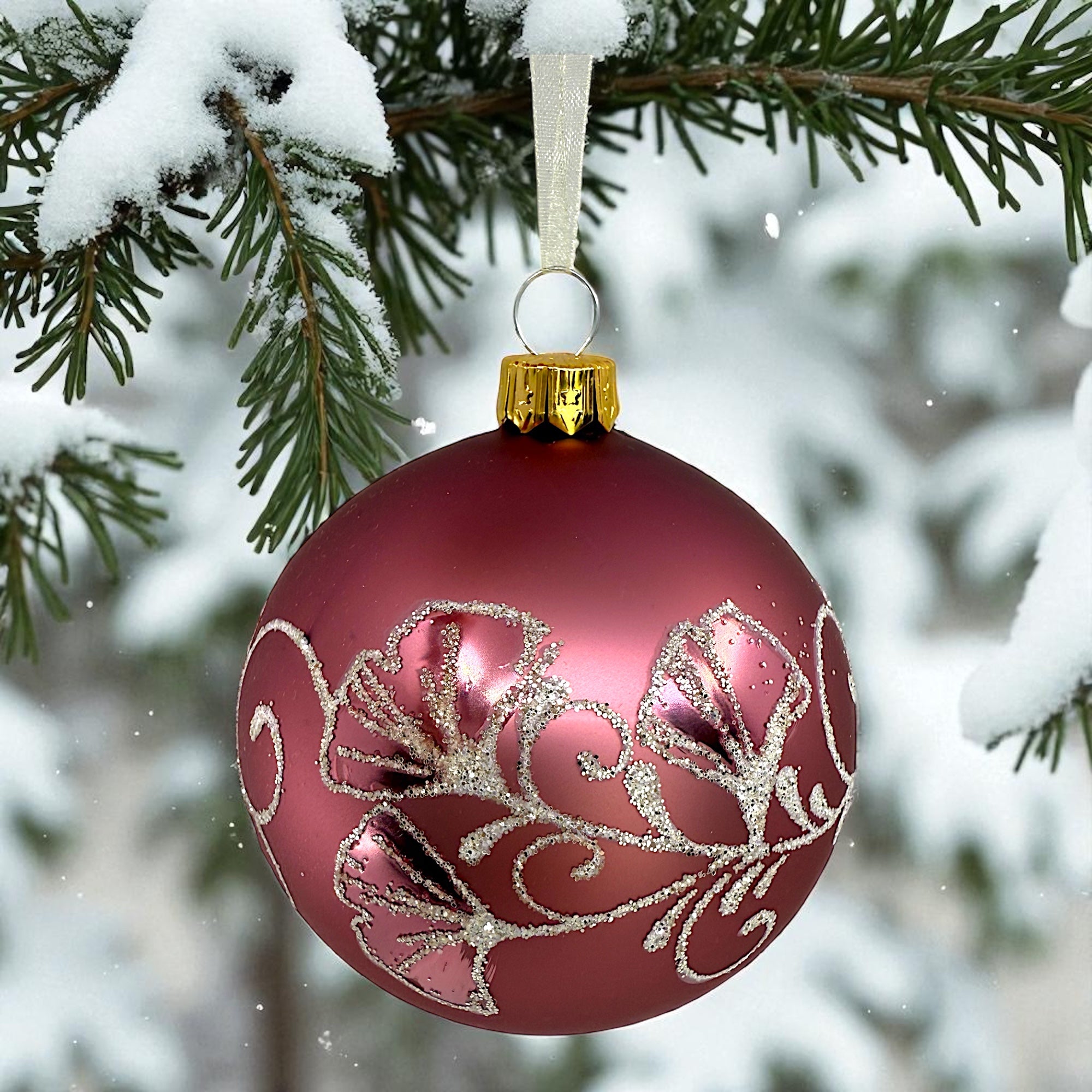 Ginkgo Leaves Glass Ornaments - Set of 3 European Mouth-Blown Bauble Ball Holiday Christmas Tree Decoration, Purple, Pink, and Gold