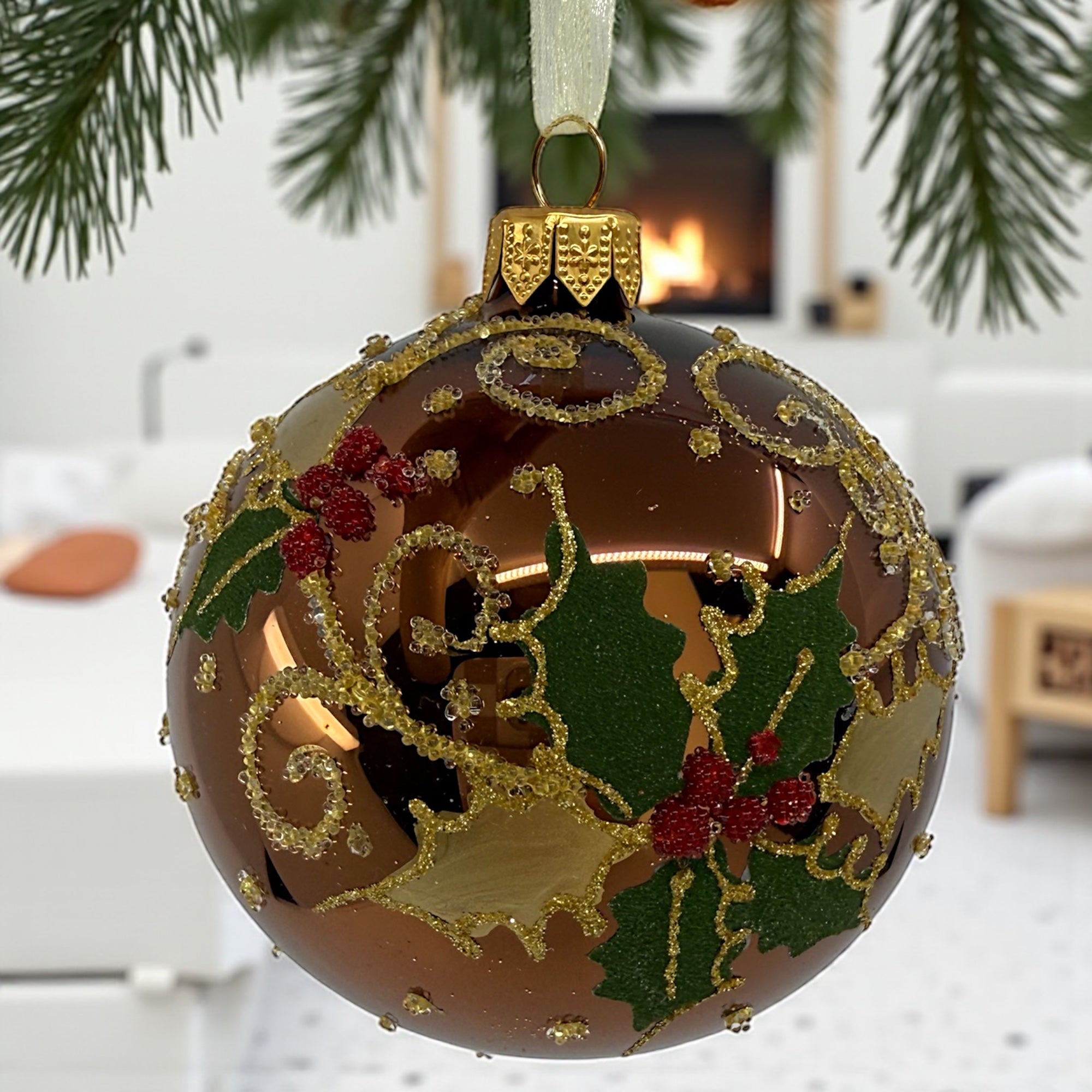 Holly Leaves and Berries Ornament - European Mouth-Blown Glass Ball Holiday Christmas Tree Decoration, Brown