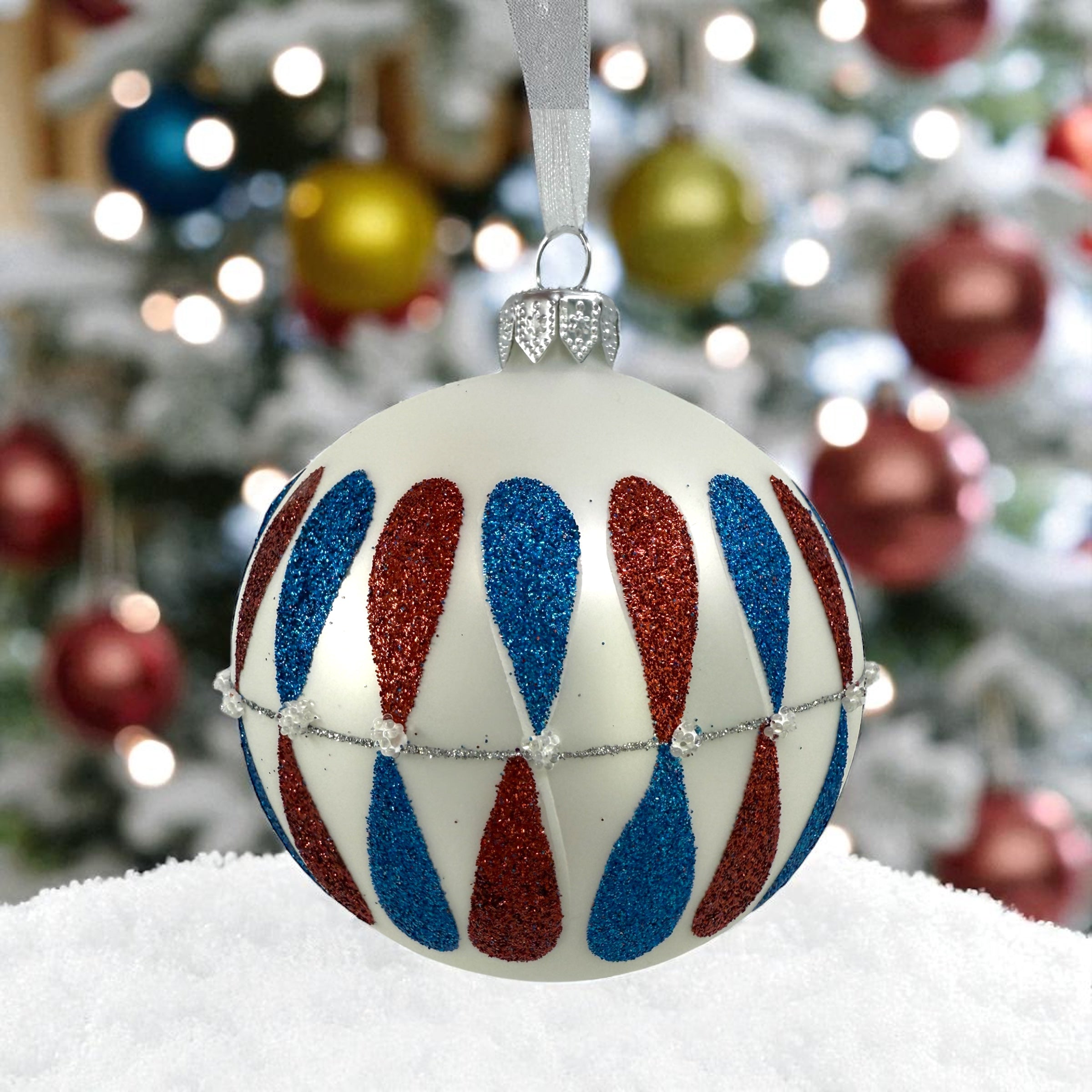 Retro Blown Glass Ornament - European Mouth-Blown Ball Holiday Christmas Tree Decoration, Red, Blue and White