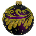 Purple Blown Glass Ornament - European Mouth-Blown Ball Holiday Christmas Tree Decoration, Purple, Gold Leaves and Swirl Design