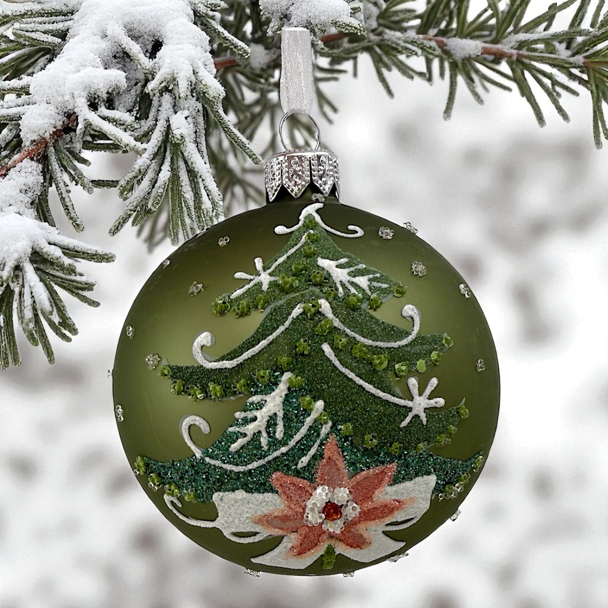 Pine Tree Blown Glass Ornaments - Set of 2 European Mouth-Blown Bauble Ball Holiday Christmas Tree Decorations, Green and Gold