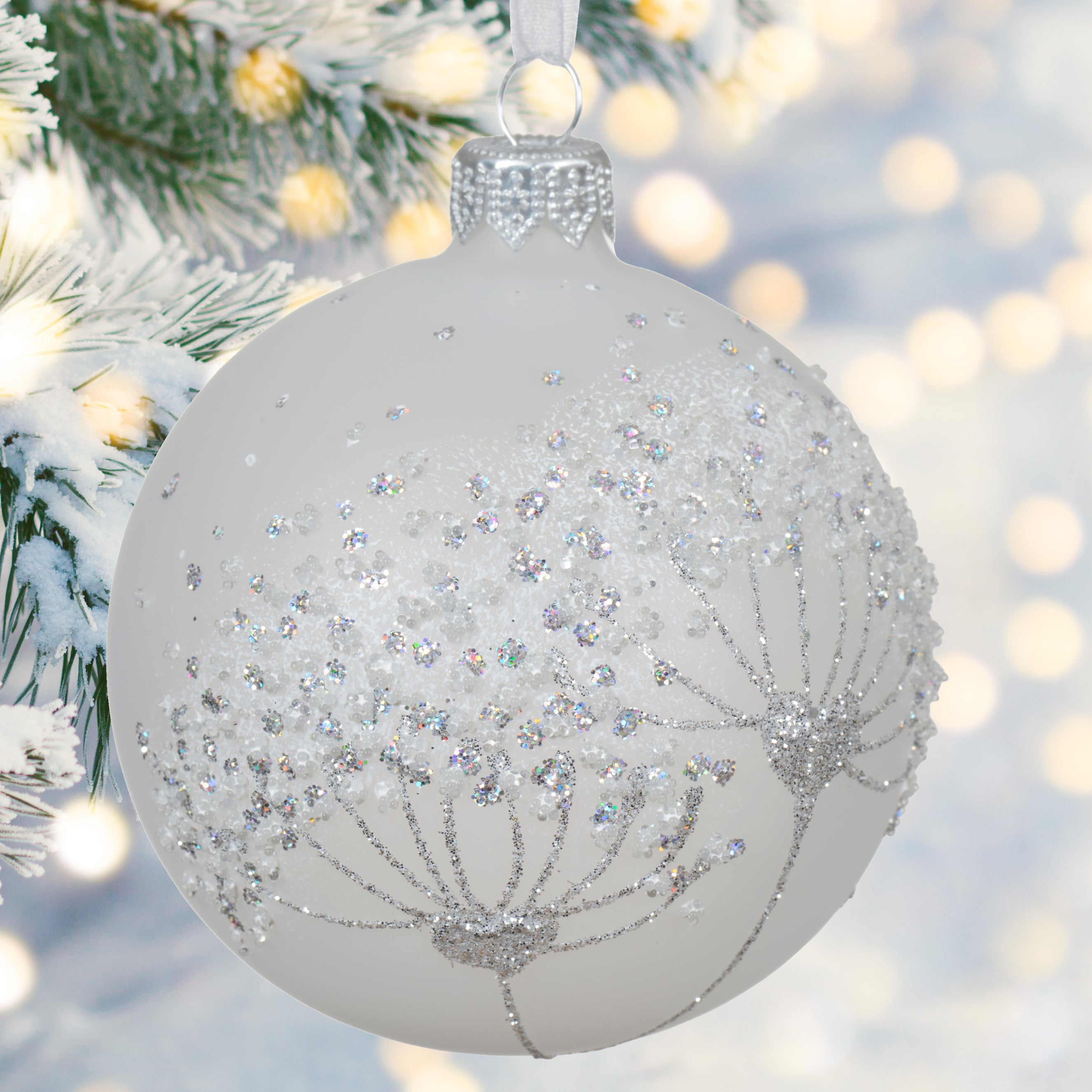 Milkweed Blown Glass Ornaments - Set of 2 Frosted White and Sage Green European Glass Balls