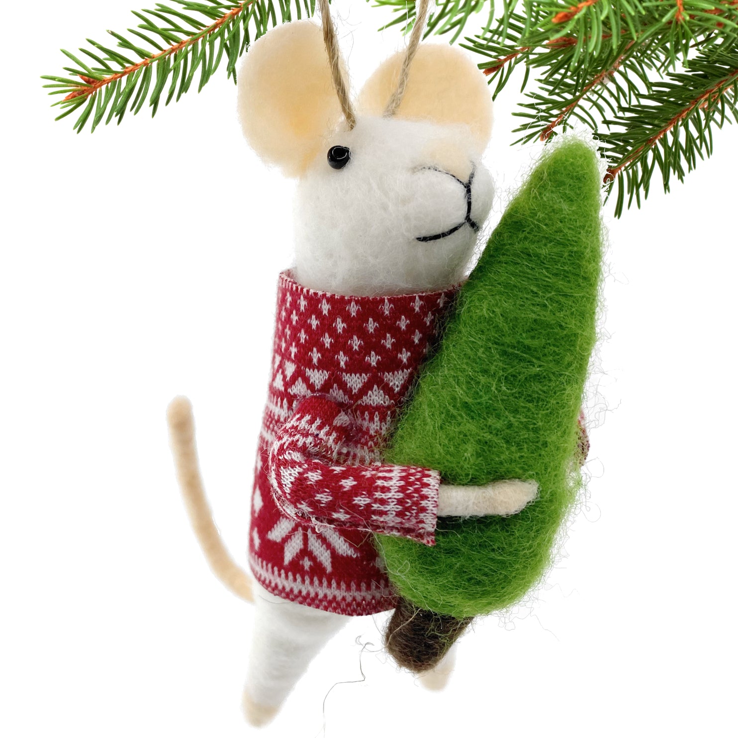 White Mouse Ornament - Wool Mouse in Red Sweater Holding Christmas Tree Ornament Holiday Decoration