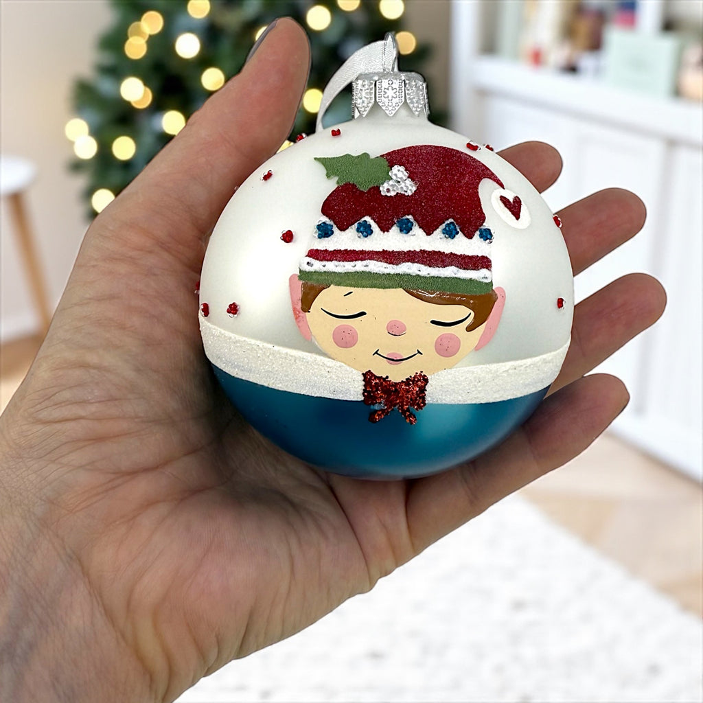 Elves Blown Glass Ornaments – Set of 2 European Mouth-Blown Bauble Ball Holiday Christmas Tree Decoration, Blue and Red Elf