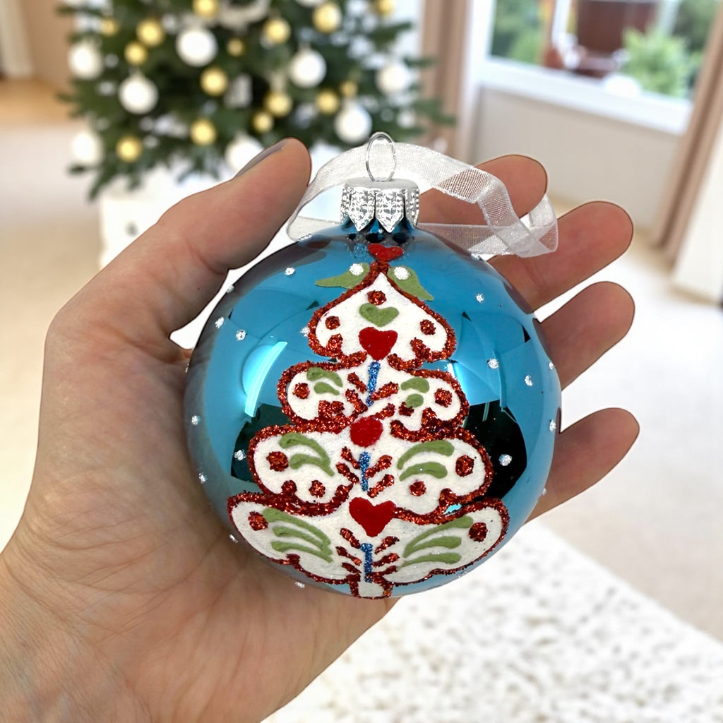 Folk Art Tree Glass Ornaments – Set of 2 European Mouth-Blown Bauble Ball Holiday Christmas Decoration, Gold, Blue