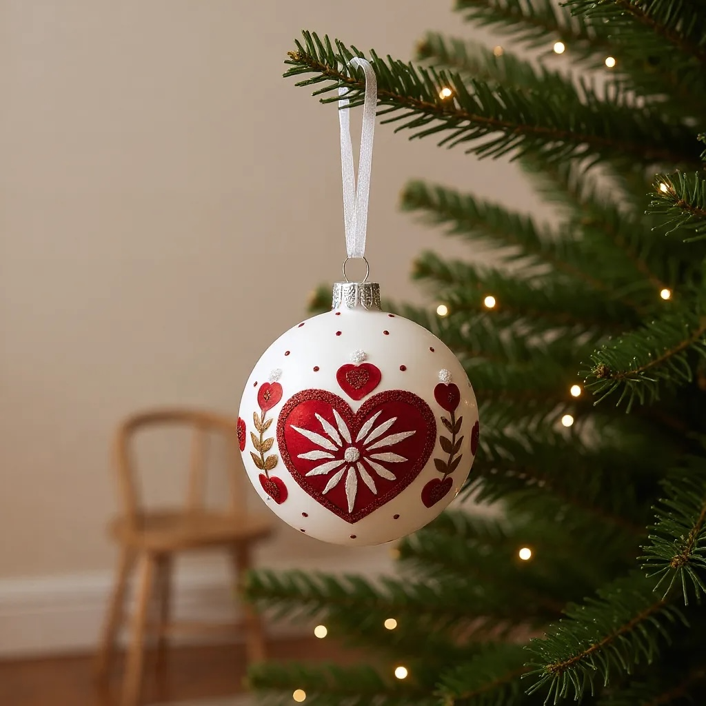 Heart Blown Glass Ornament - European Mouth Blown Ball Holiday Christmas Tree Decoration, Folk Art Design, Red and White