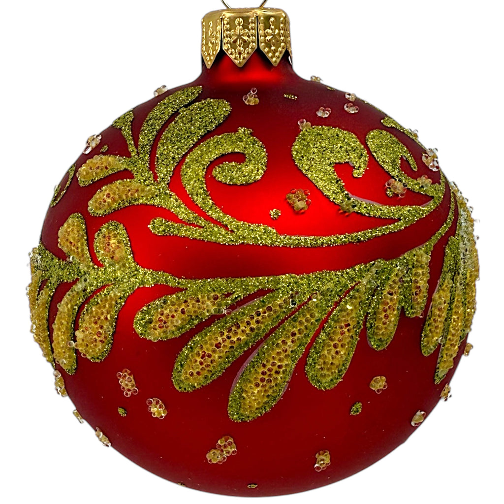 Swirl Blown Glass Ornament - European Mouth Blown Ball Holiday Christmas Tree Decoration, Red, Gold Leaves and Swirl Design