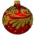 Swirl Blown Glass Ornament - European Mouth Blown Ball Holiday Christmas Tree Decoration, Red, Gold Leaves and Swirl Design