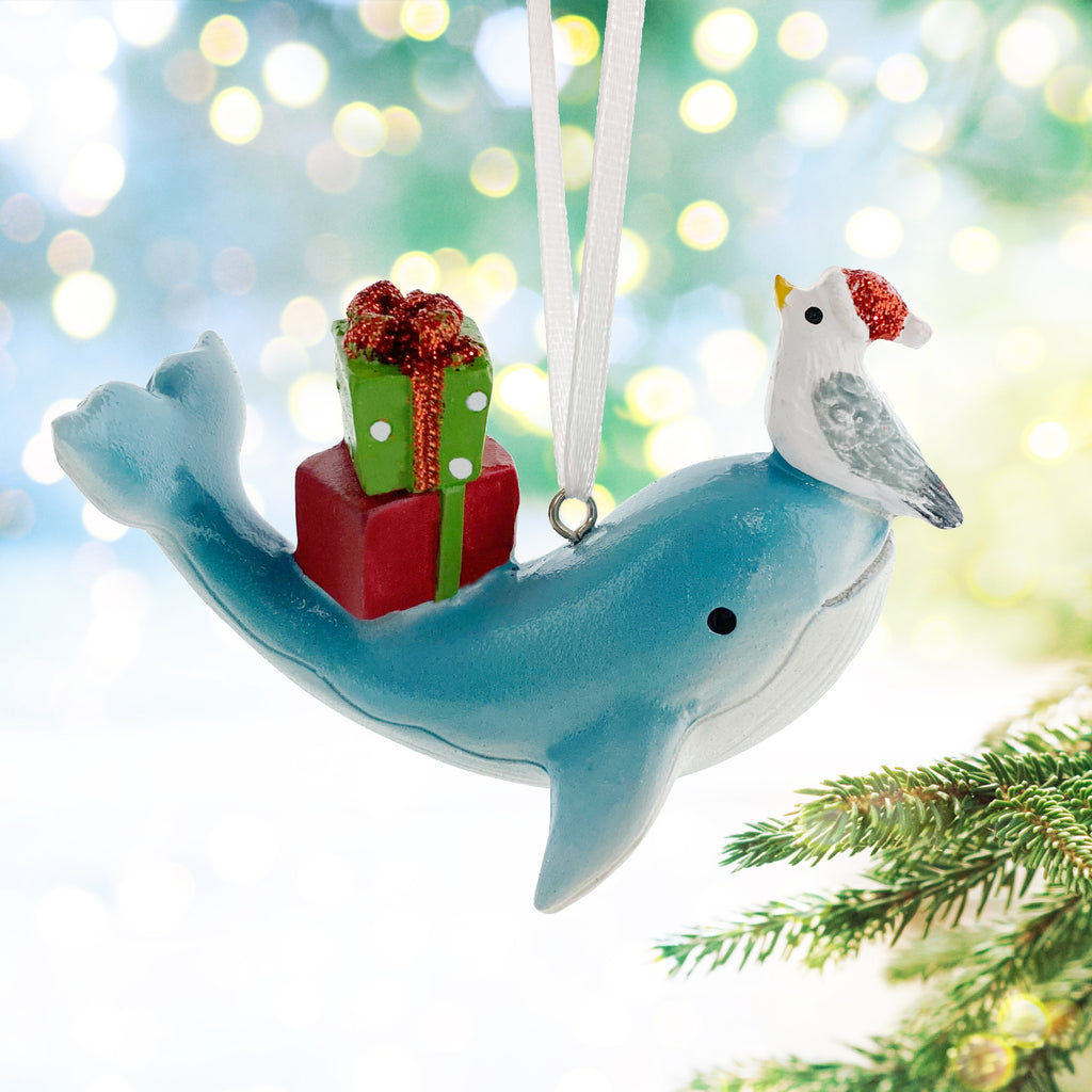 Whale Dolphin Ornaments - Coastal Beach Santa Hat Holiday Marine Animal Holiday Tree Decorations, Set of 2