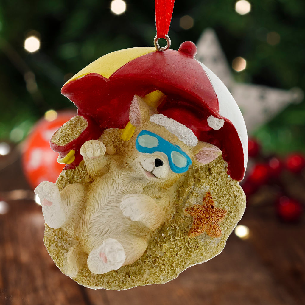 Beach Dog Ornaments -Pool and Sand Vacation Puppy Christmas Tree Decorations, Set of 2