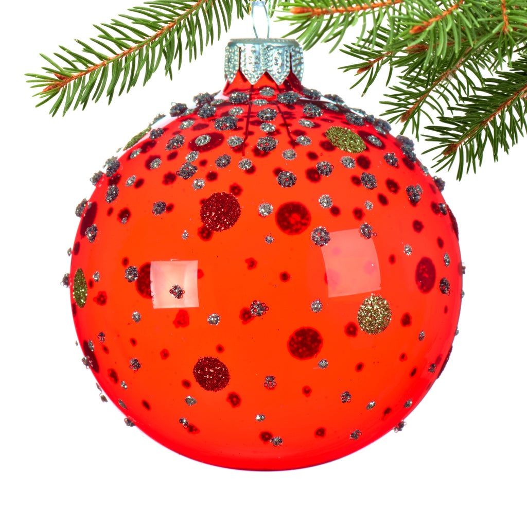 Transparent Glitter Dots Blown Glass Ornaments - Set of 3 Red, Green, and Clear