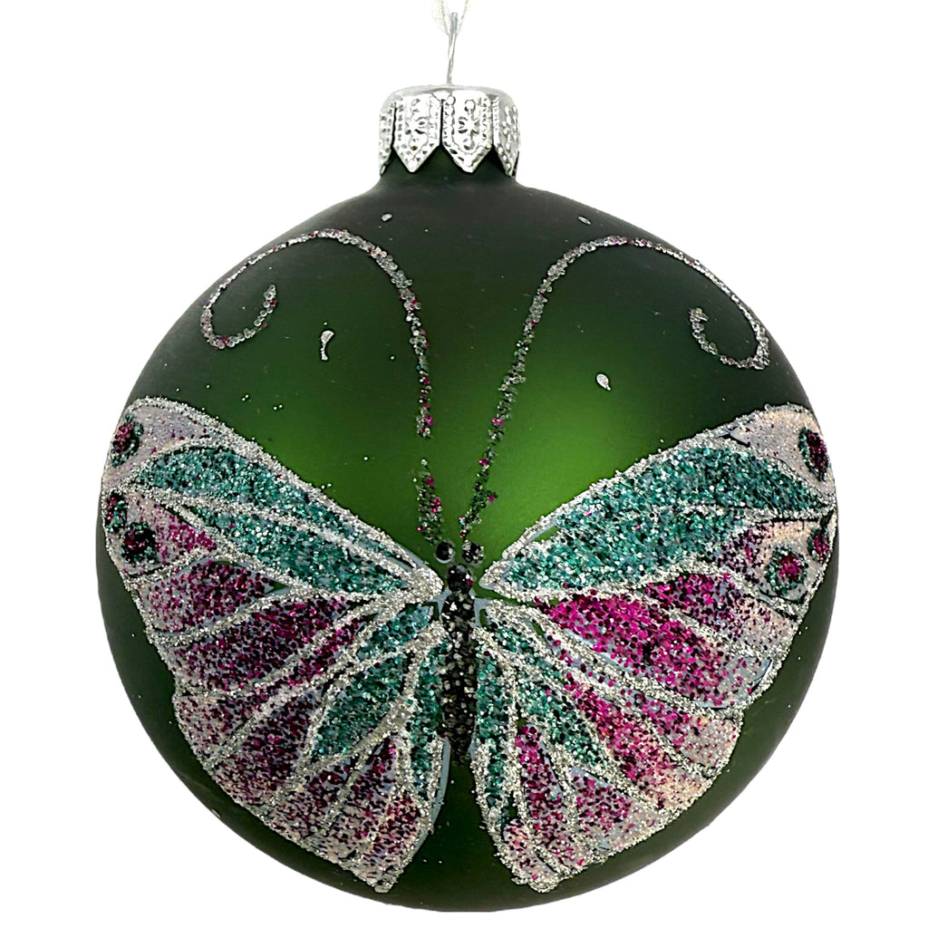 Butterfly Glass Ornaments- Set of 3 European Mouth-Blown Bauble Ball Holiday Christmas Tree Decoration, Green and Pink