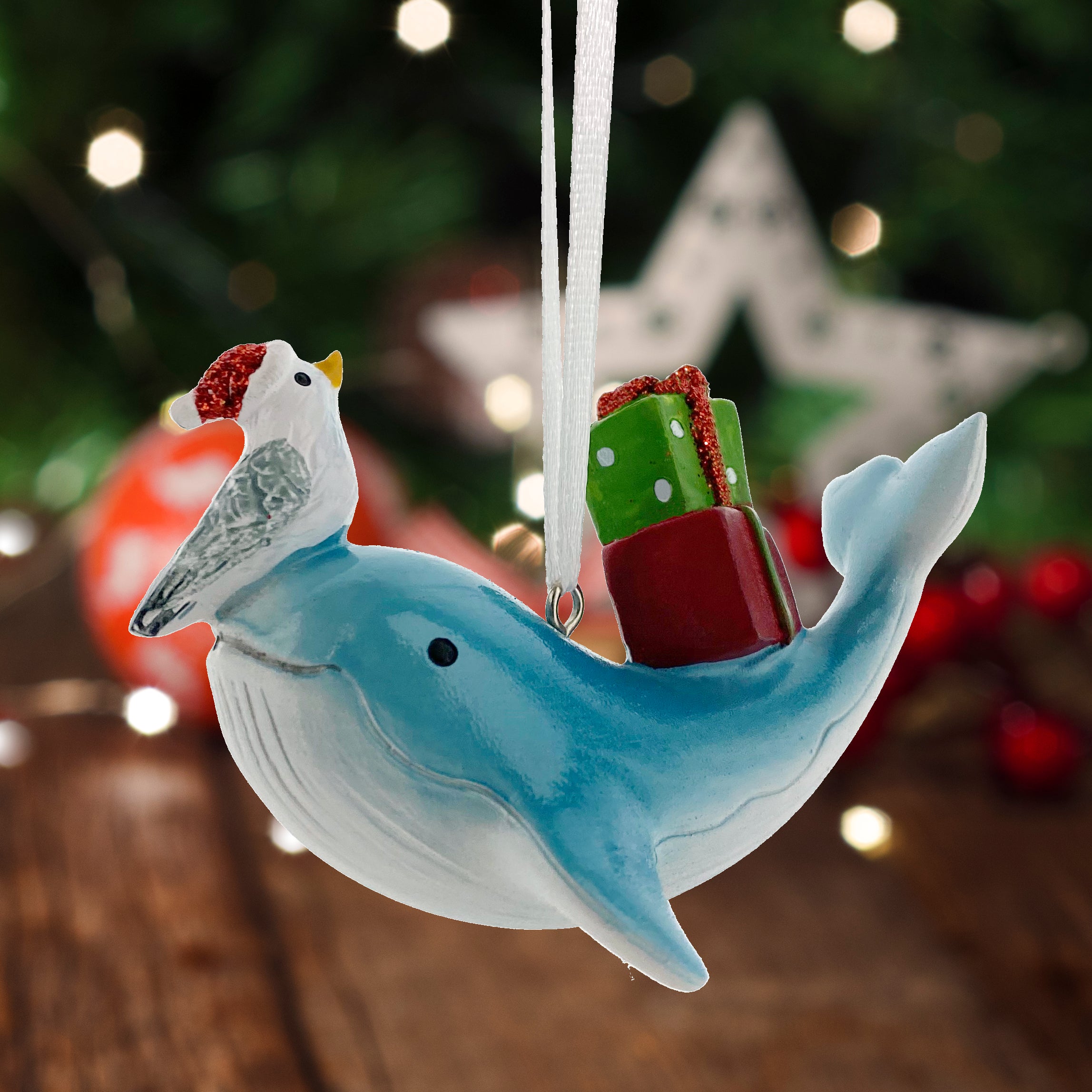 Whale Dolphin Ornaments - Coastal Beach Santa Hat Holiday Marine Animal Holiday Tree Decorations, Set of 2