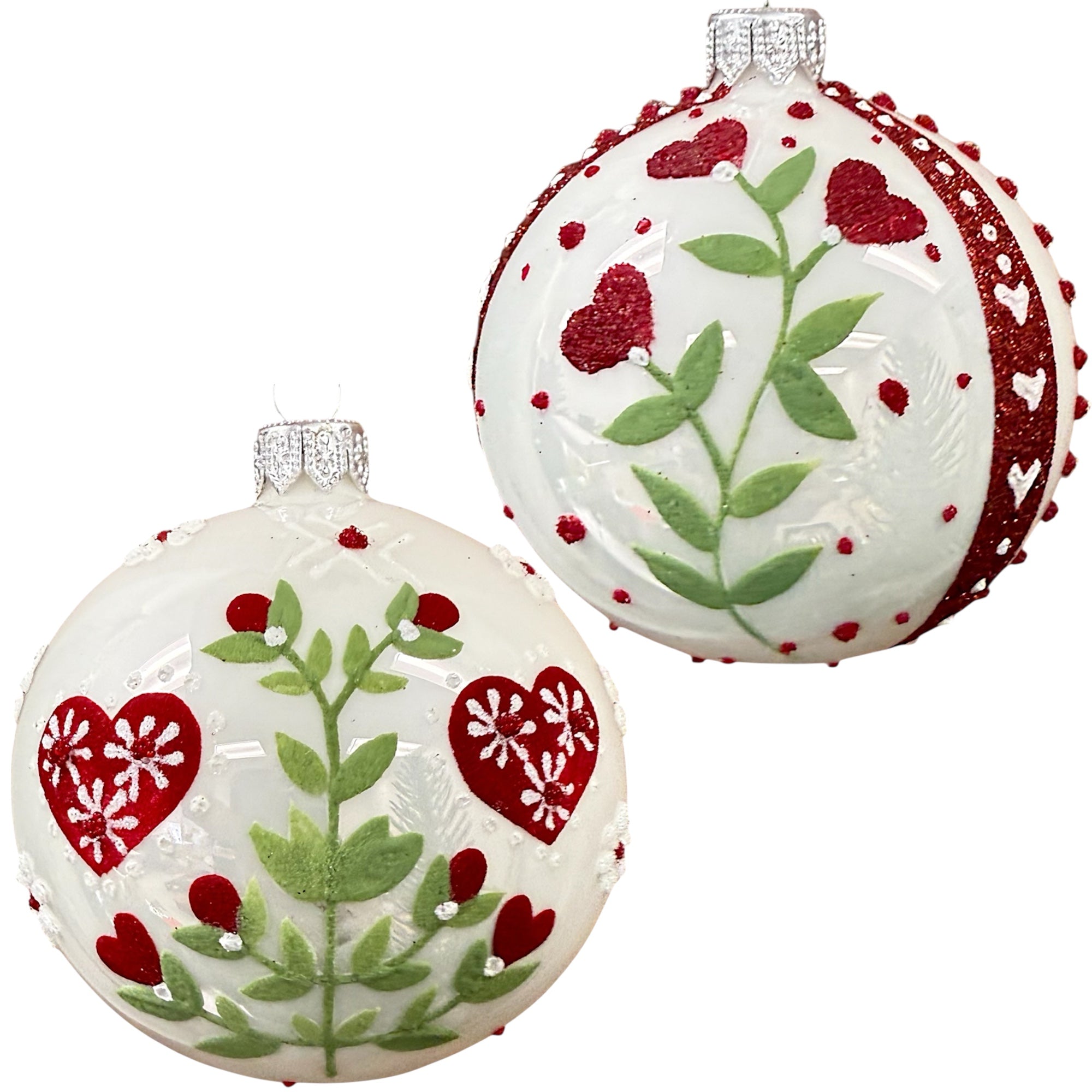 Heart Flowers Blown Glass Ornaments – Set of 2 European Mouth-Blown Folk Art Ball Holiday Christmas Tree Decoration, Red and White