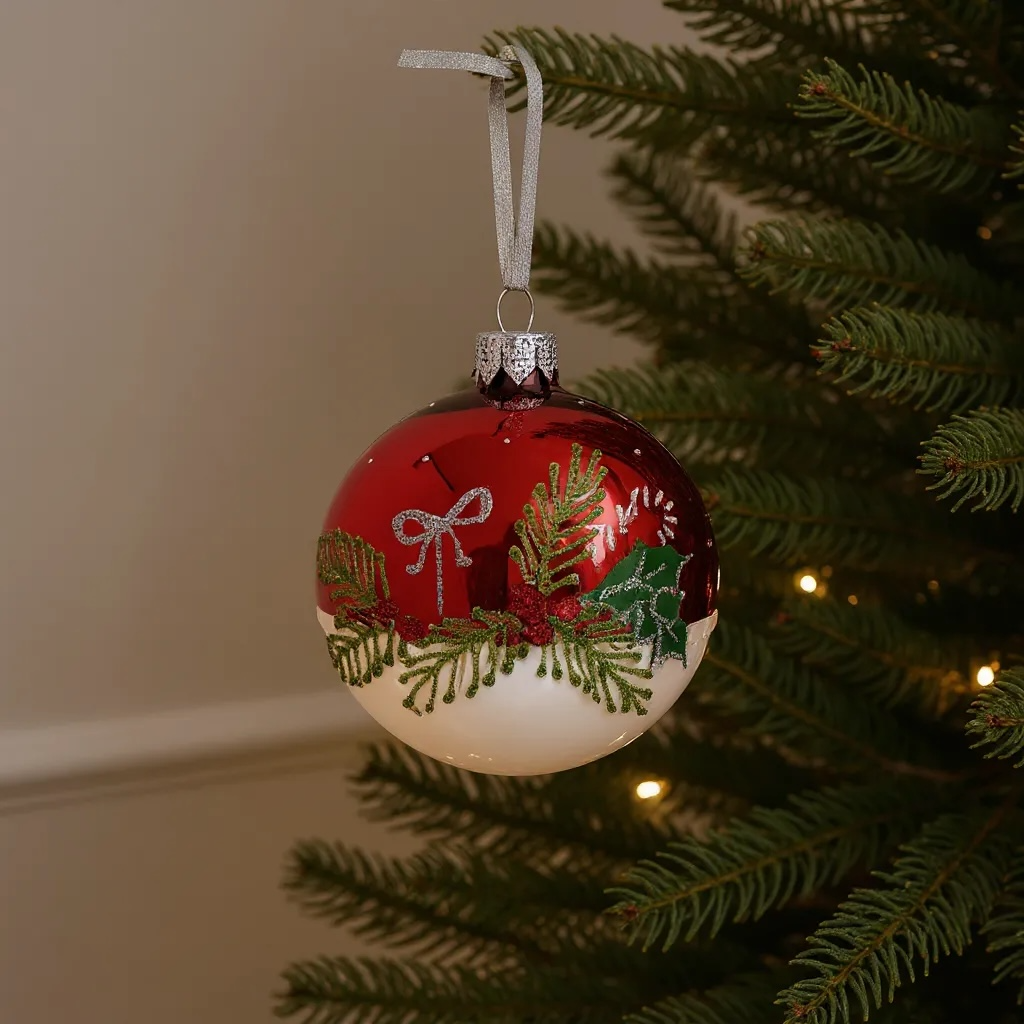 Pine Sprigs and Presents Blown Glass Ornaments – Set of 2 European Ball Bauble Holiday Christmas Tree Decoration, Red, White