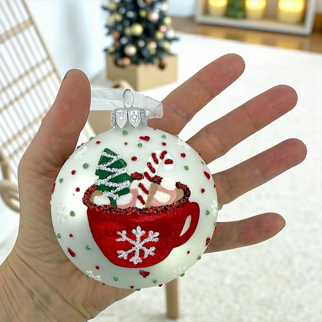 Hot Chocolate Glass Ornaments – Set of 2 European Mouth-Blown Bauble Ball Holiday Christmas Tree Decoration, Brown and White