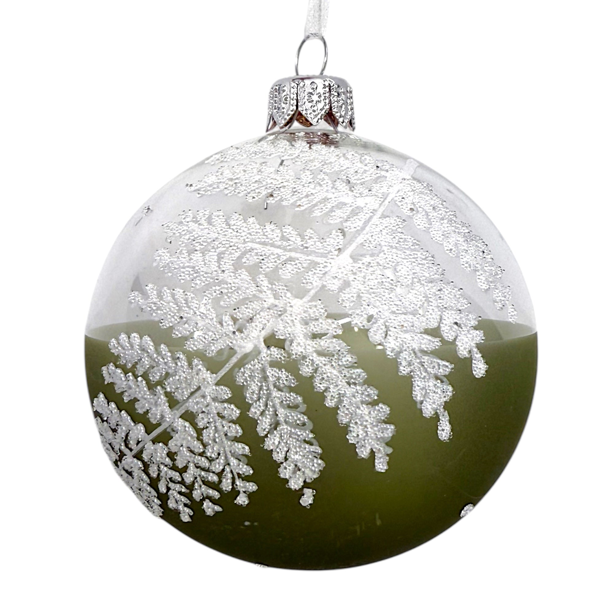 Fern Blown Glass Ornaments – Set of 2 European Baubles Balls Holiday Christmas Tree Decorations, Sage Green and Clear