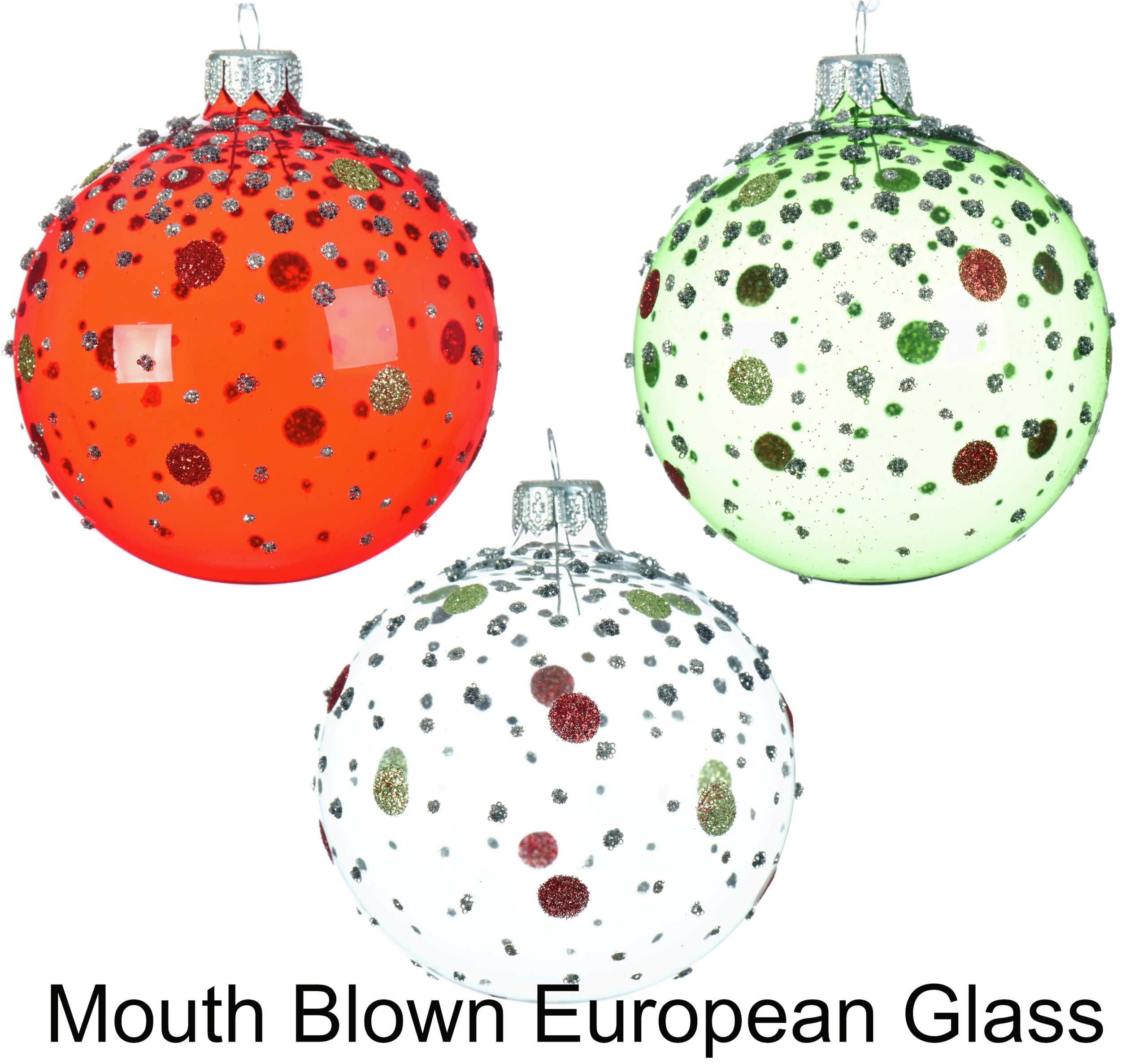 Transparent Glitter Dots Blown Glass Ornaments - Set of 3 Red, Green, and Clear