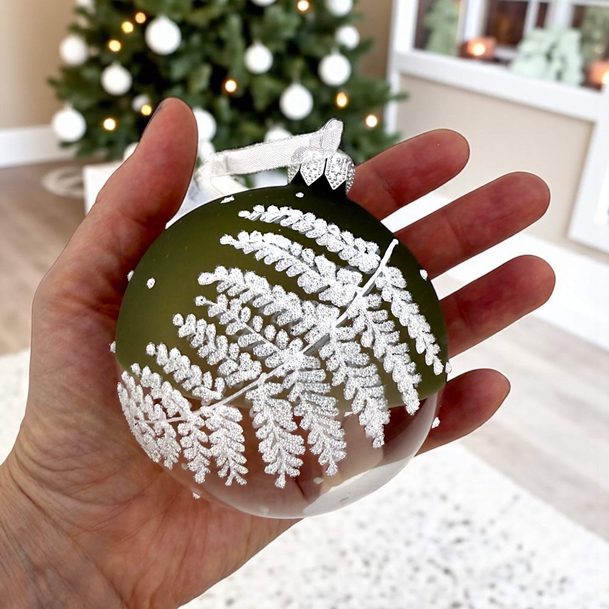 Fern Blown Glass Ornaments – Set of 2 European Baubles Balls Holiday Christmas Tree Decorations, Sage Green and Clear